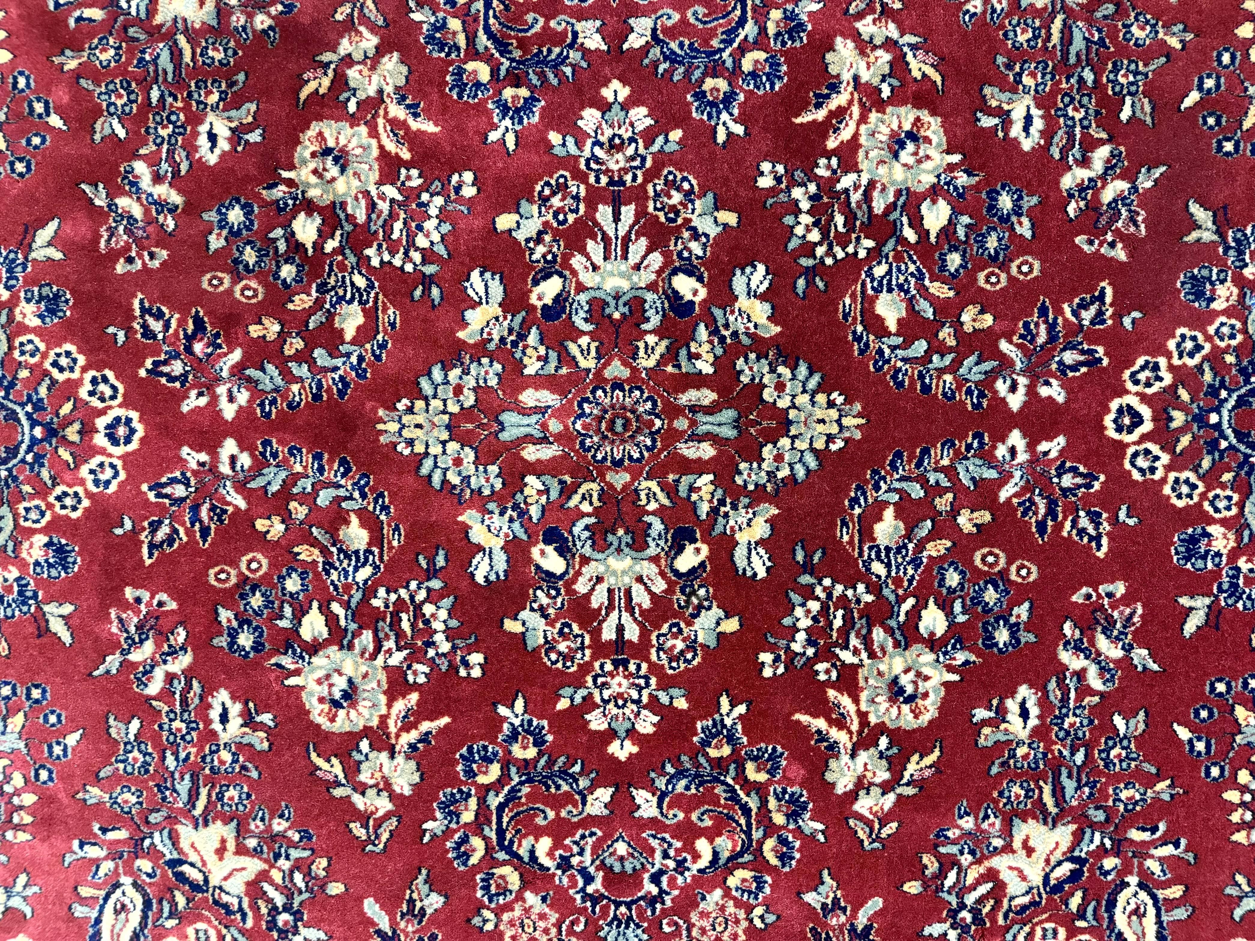 Karastan Rug 8 x 11.6, Rose Sarouk 300-1007, Vintage Wool Karastan Carpet, Beligum Power Loomed Rug, Floral, Red, Wool Pile - Jewel Rugs
