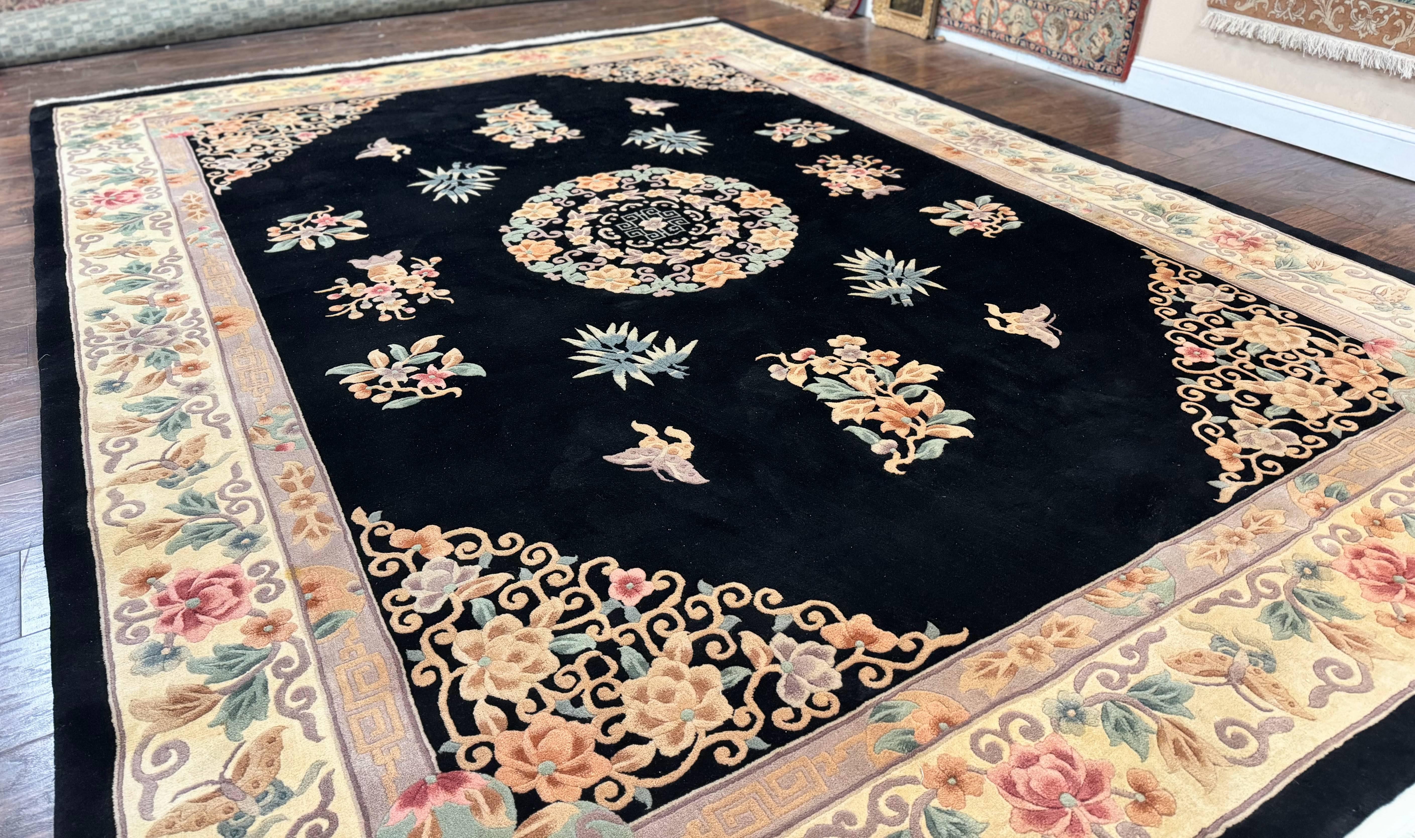 Chinese Wool Rug 9x12, Chinese Carving Carpet, Floral Medallion, Black and Beige, Butterflies, Vintage Asian Oriental Rug, 90 Line Rug - Jewel Rugs