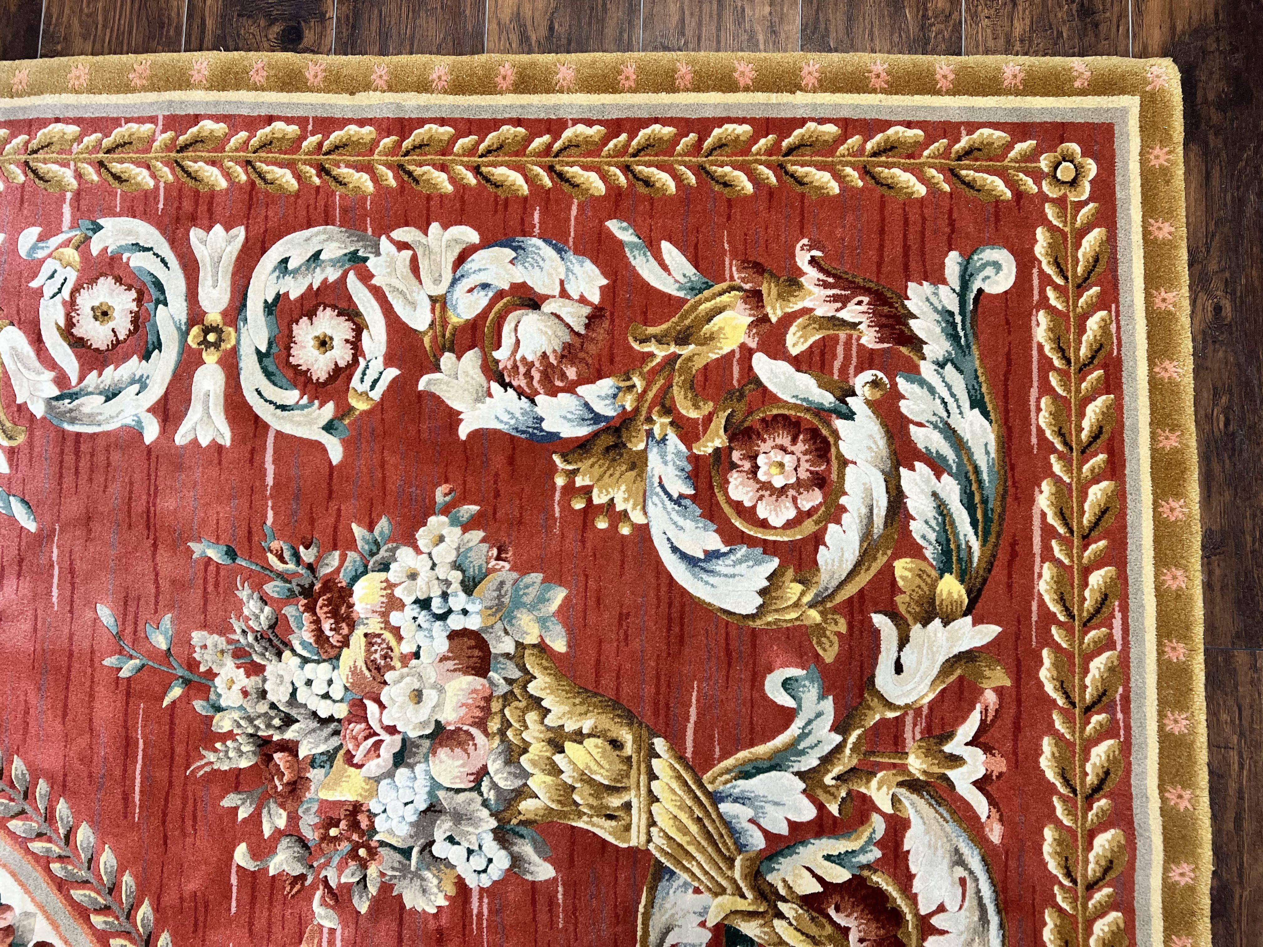 Aubusson Rug 10x12, Large Handmade Aubusson Wool Pile Vintage Stark Carpet 10 x 12, Savonnerie French European Design Floral Bouquets, Red - Jewel Rugs