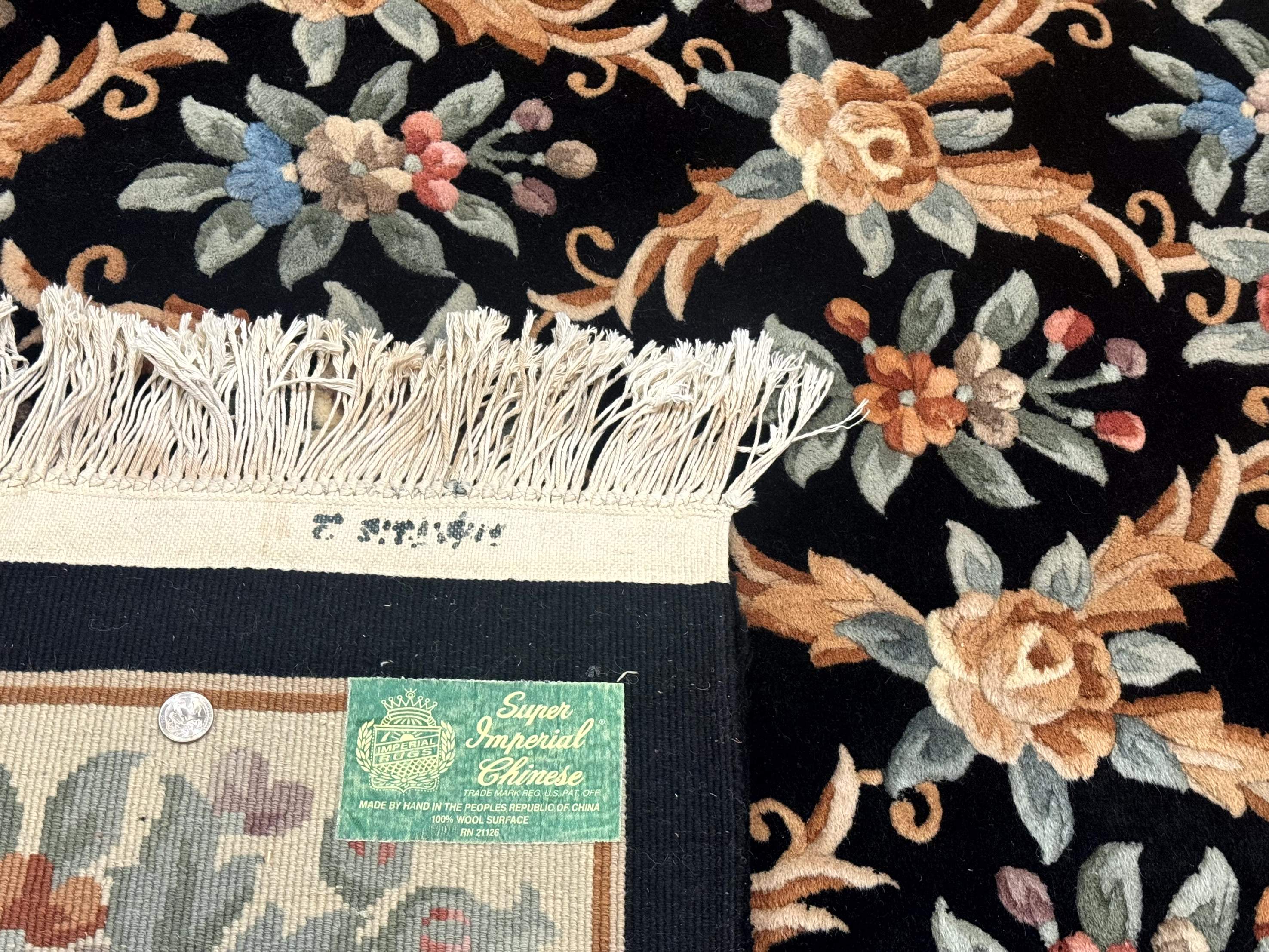 Chinese Wool Rug 6x9, Floral Aubusson Carpet, Black and Cream, 90 Line Rug - Jewel Rugs