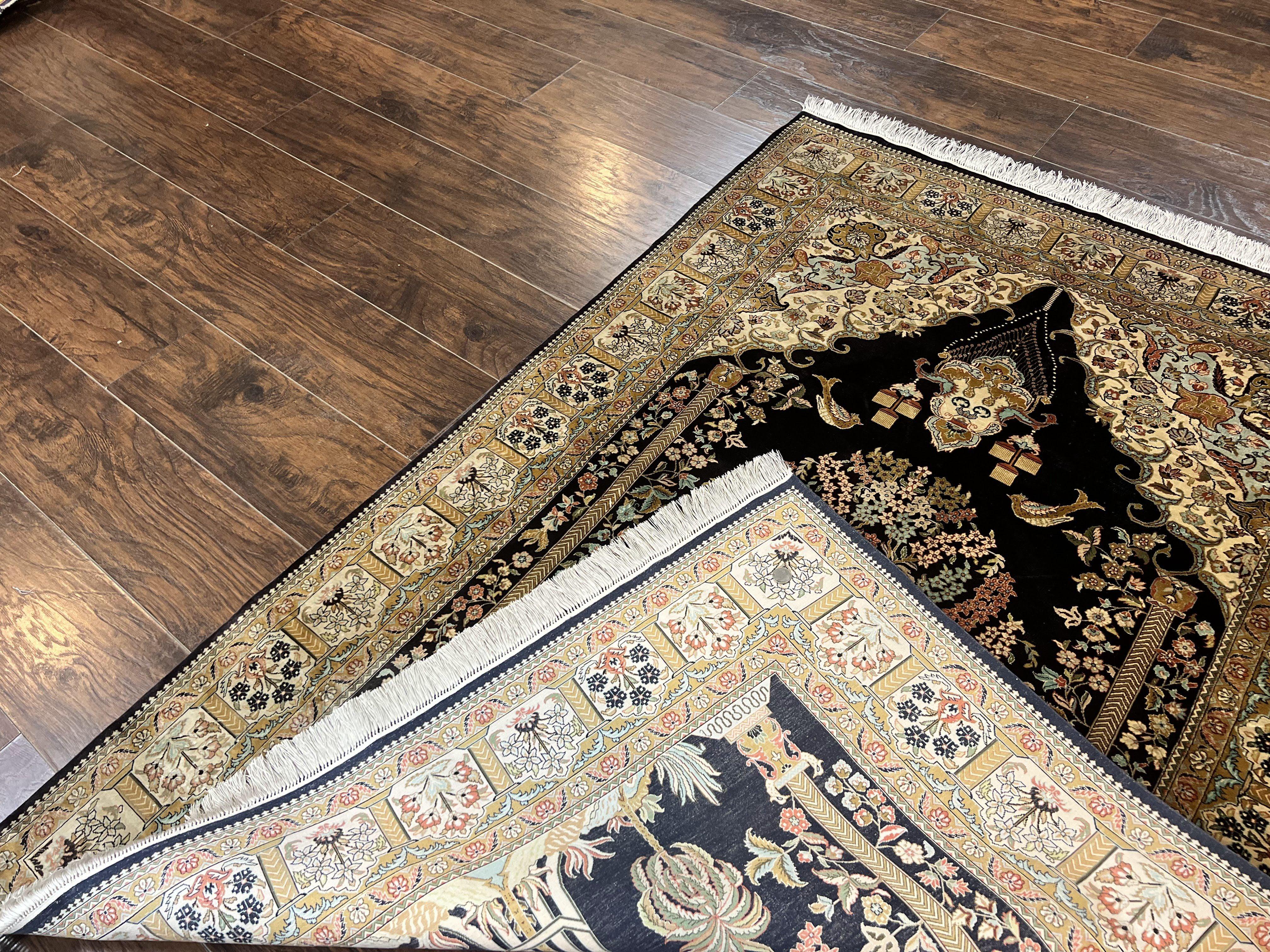 Wonderful Sino Persian Silk Rug 4x6, Tree of LIfe Design, Masterpiece 575 KPSI, Birds, Prayer Rug, Black, Silk on Silk - Jewel Rugs