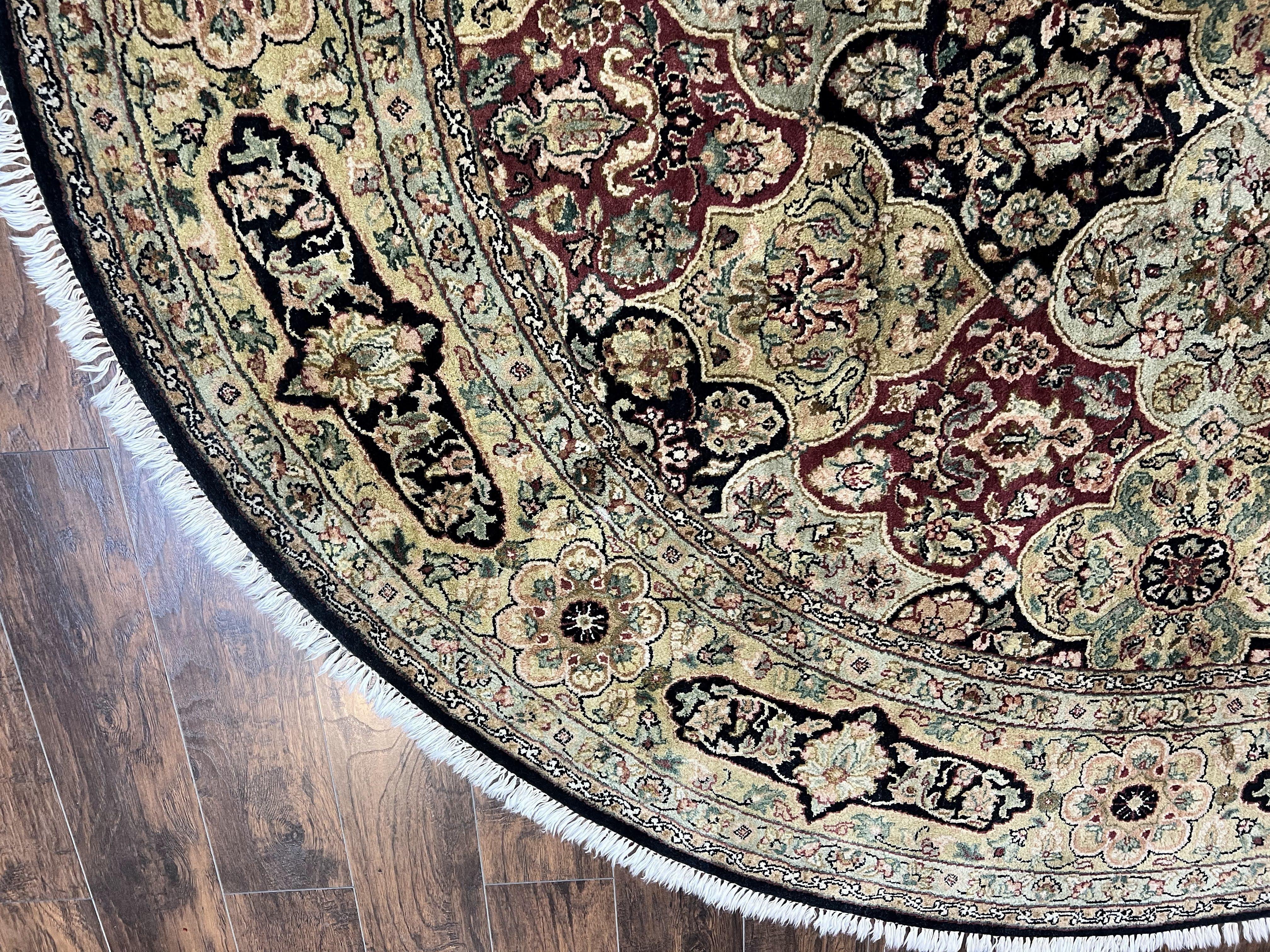 Indo Mahal Round Rug 9x9 ft, Large Circular Handmade Hand Knotted Area Rug, Red Midnight Blue Beige Wool Indian Oriental Carpet, Traditional - Jewel Rugs