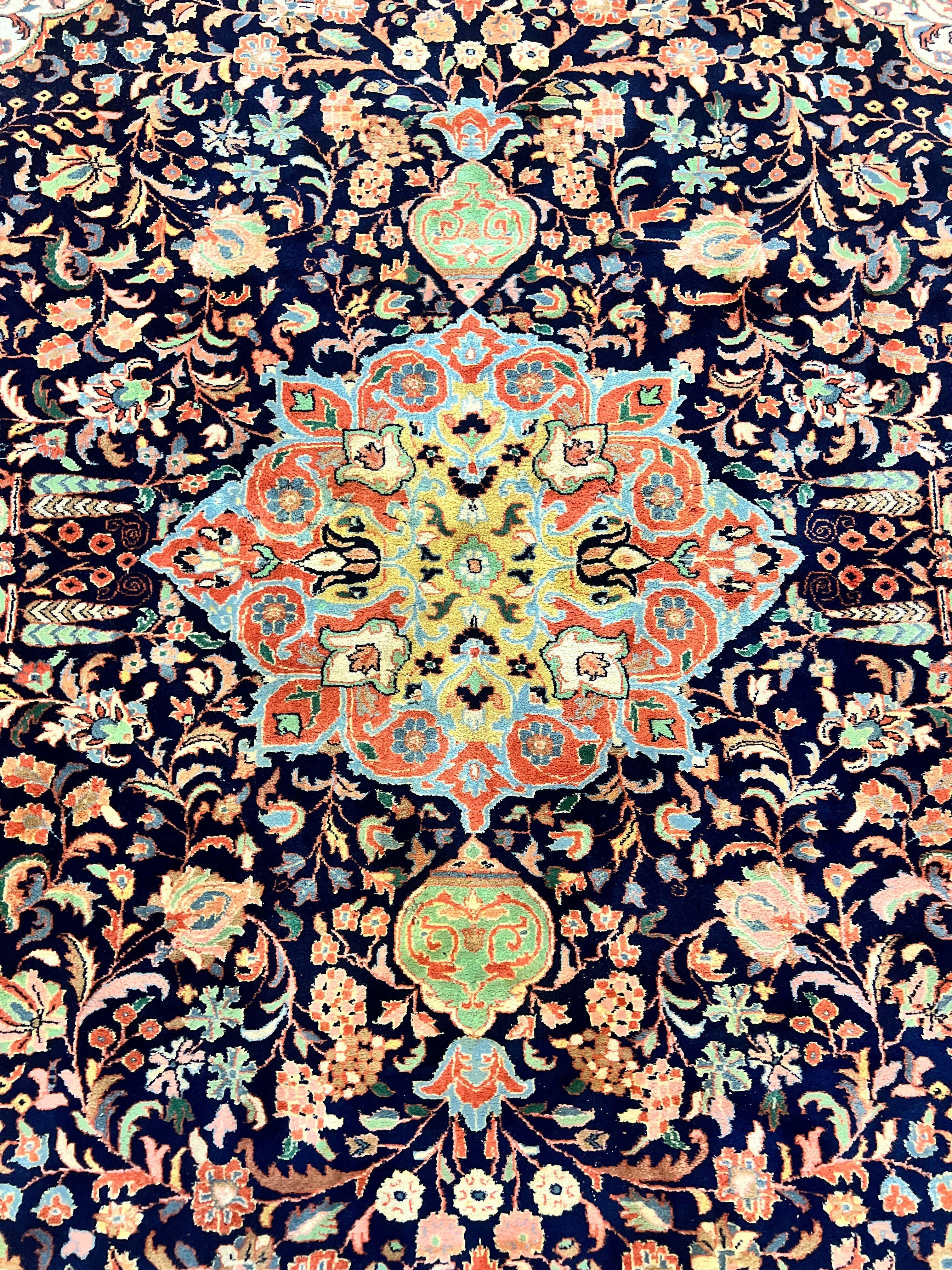 Indo Persian Rug 8x10, Midnight Blue & Red, Handmade Vintage Wool Carpet, Floral Medallion - Jewel Rugs