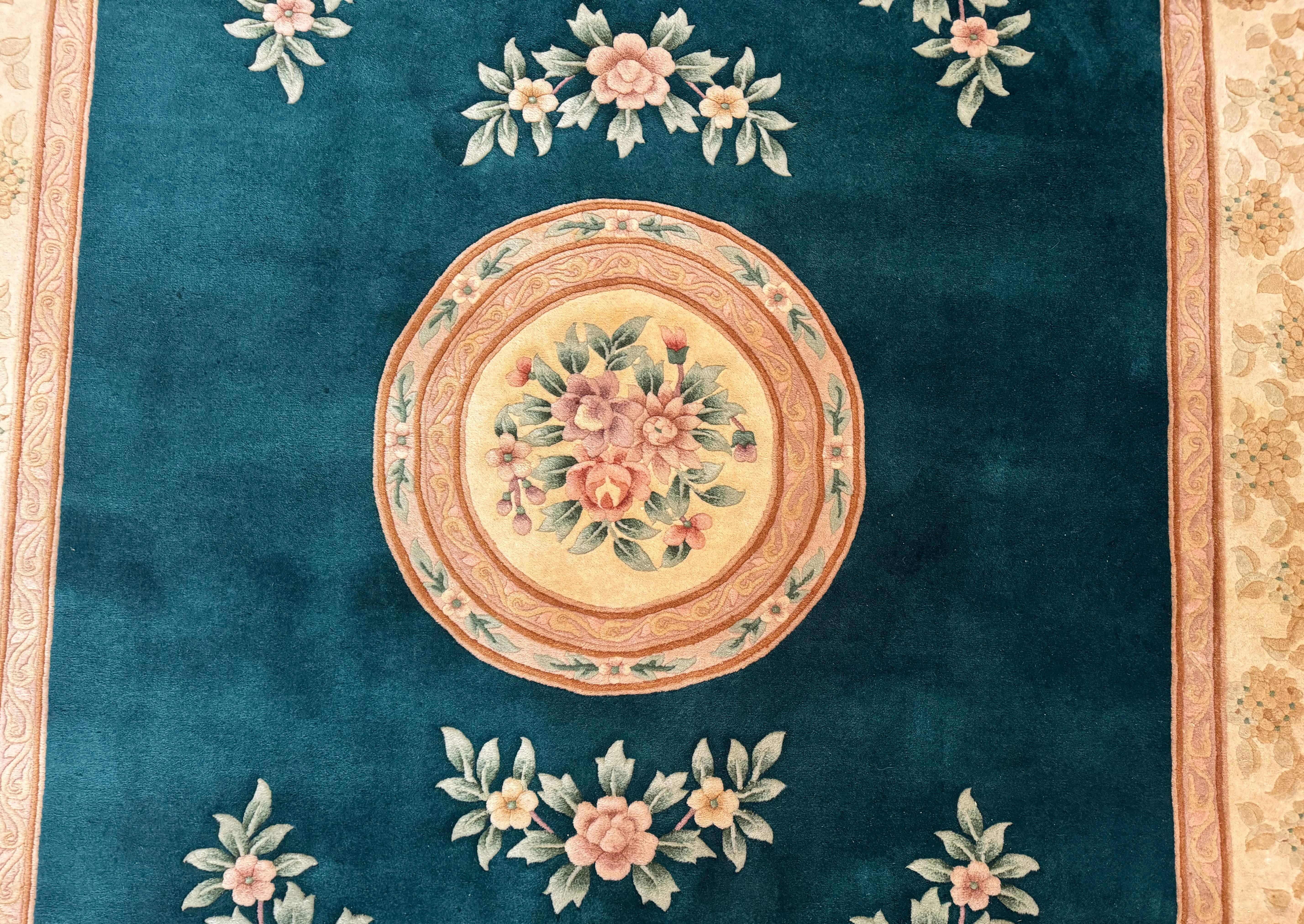 Chinese Wool Rug 8x10, Floral, Soft Thick Pile, Chinese Aubusson 90 Line Rug, Dark Teal and Beige - Jewel Rugs