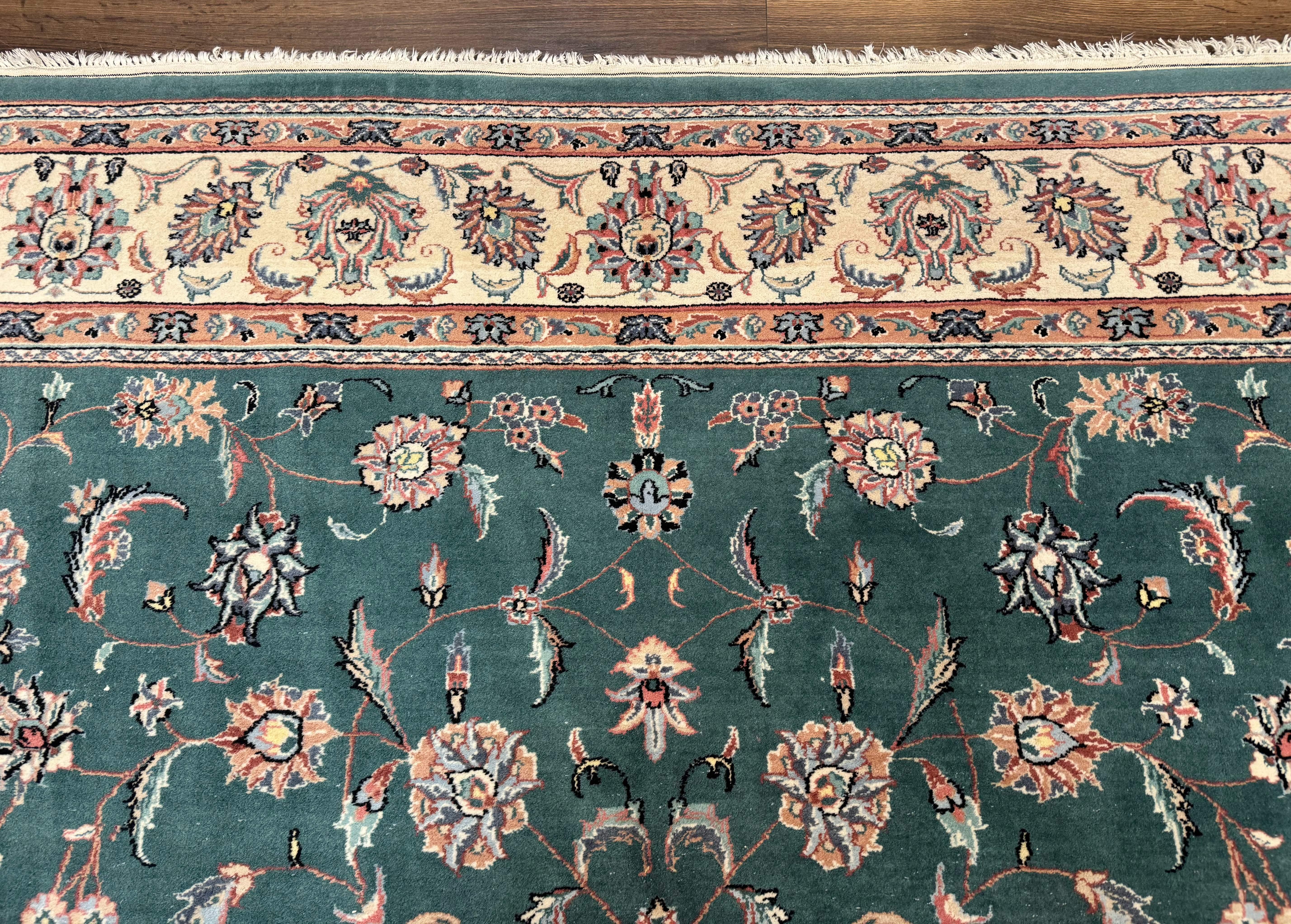 Indo Persian Rug 8x10, Green and Beige Oriental Carpet, Traditional Wool Area Rug, Floral Allover Pattern - Jewel Rugs