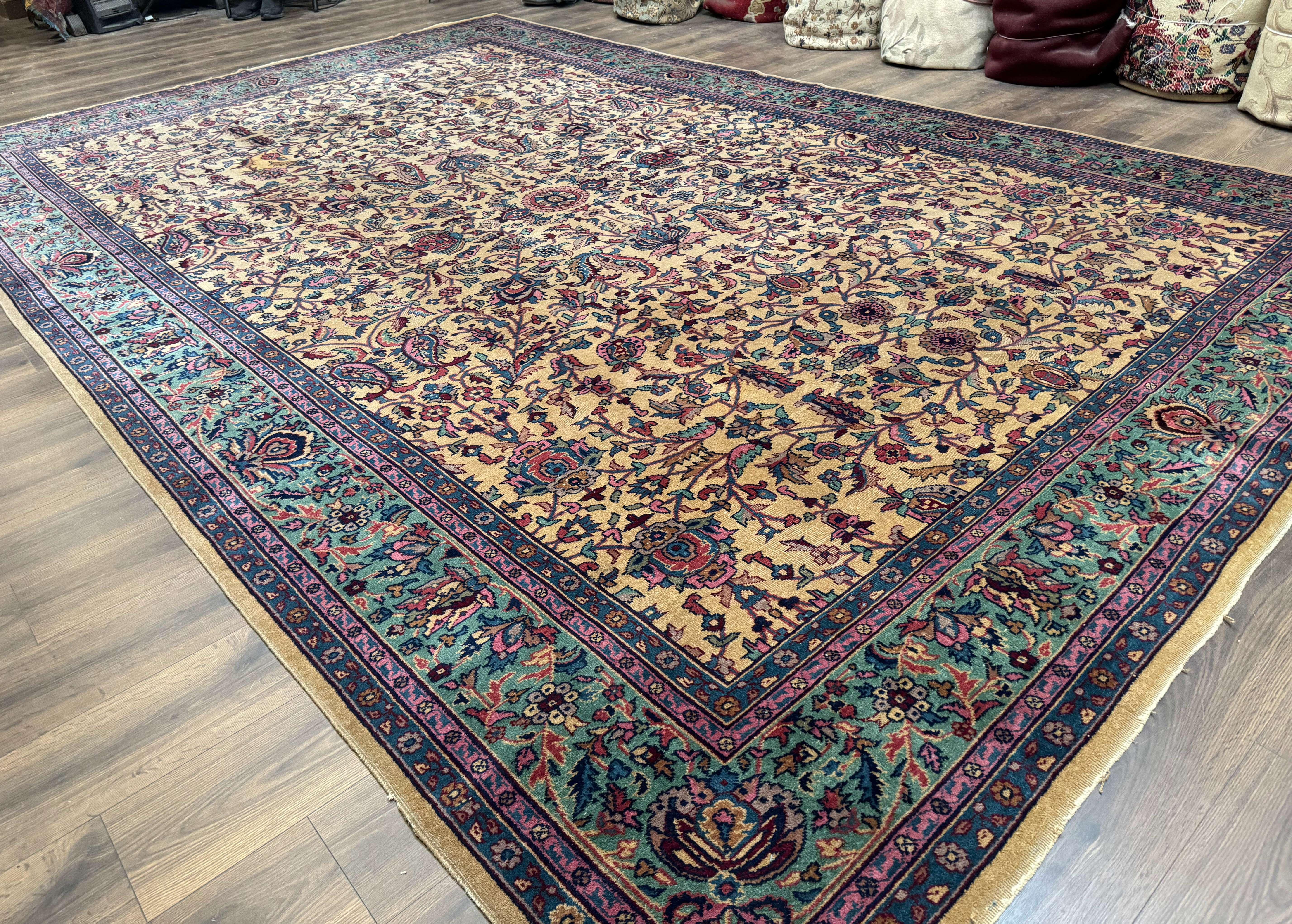 Antique Persian Rug 10x15, Camel and Cyan, Allover Pattern, Rare, Samarkand Rug - Jewel Rugs