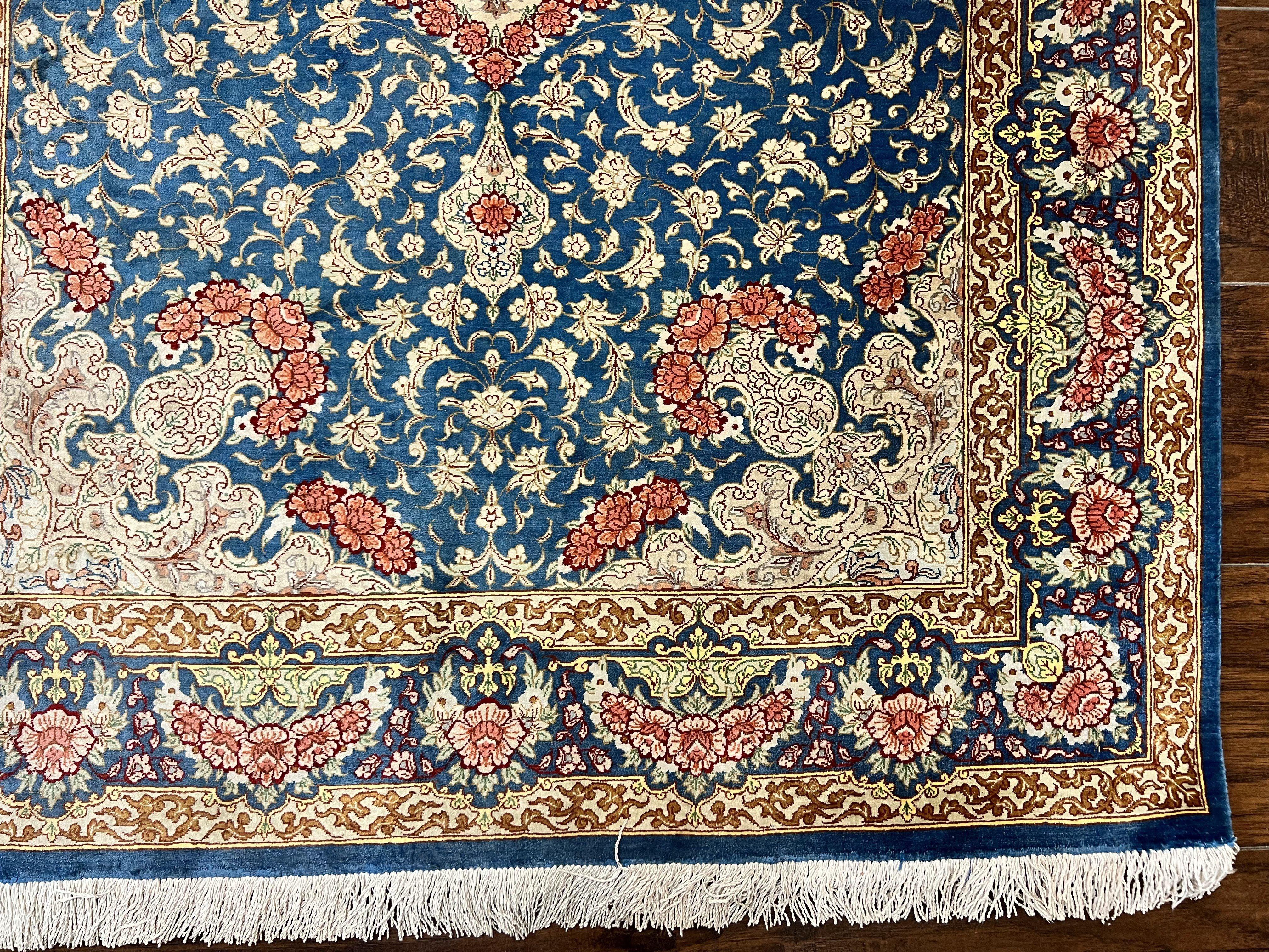 Magnificent Persian Qum Silk Rug 3x5, Blue, Super Fine 675 KPSI - 70 Raj, Floral Roses, Handmade Vintage Silk Carpet, Masterpiece - Jewel Rugs