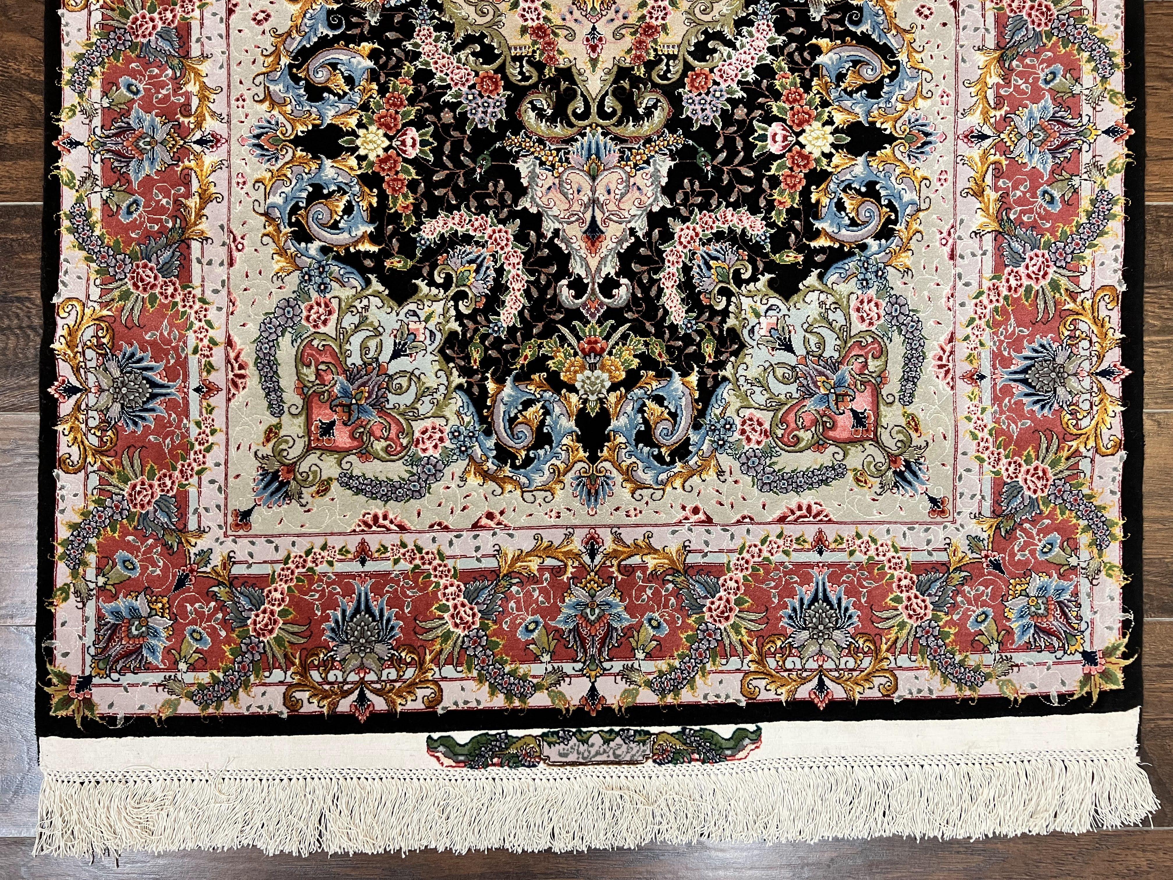 Wonderful 3x5 Persian Tabriz Rug, 650 KPSI, Kork Wool on Silk Foundation, Hand Knotted, Black and Red, Signed by Master Weaver, Floral Medallion - Jewel Rugs
