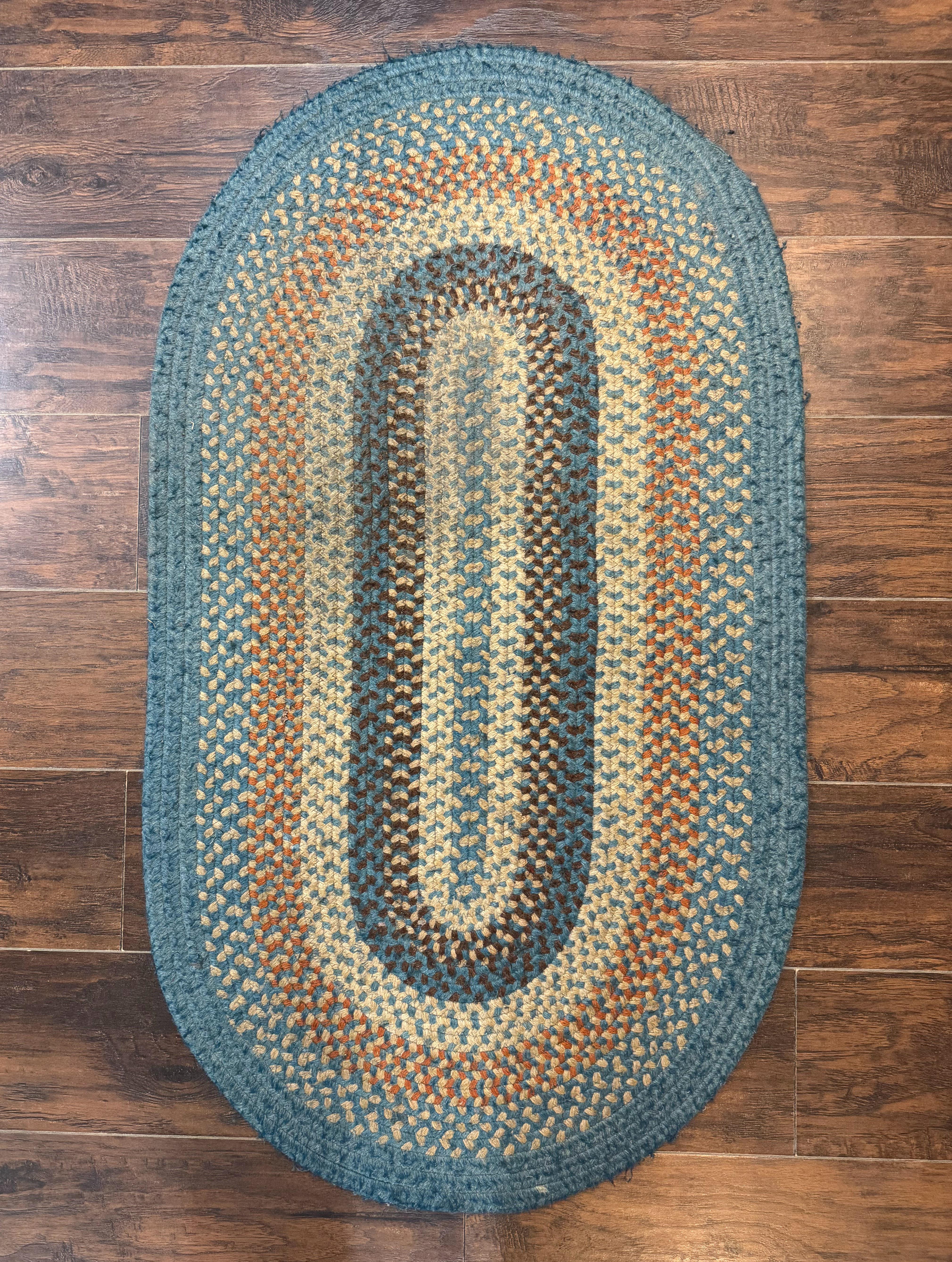 Small Oval Braided Rug 2x4, Multicolor American Braided Carpet, Light Blue, Wool - Jewel Rugs