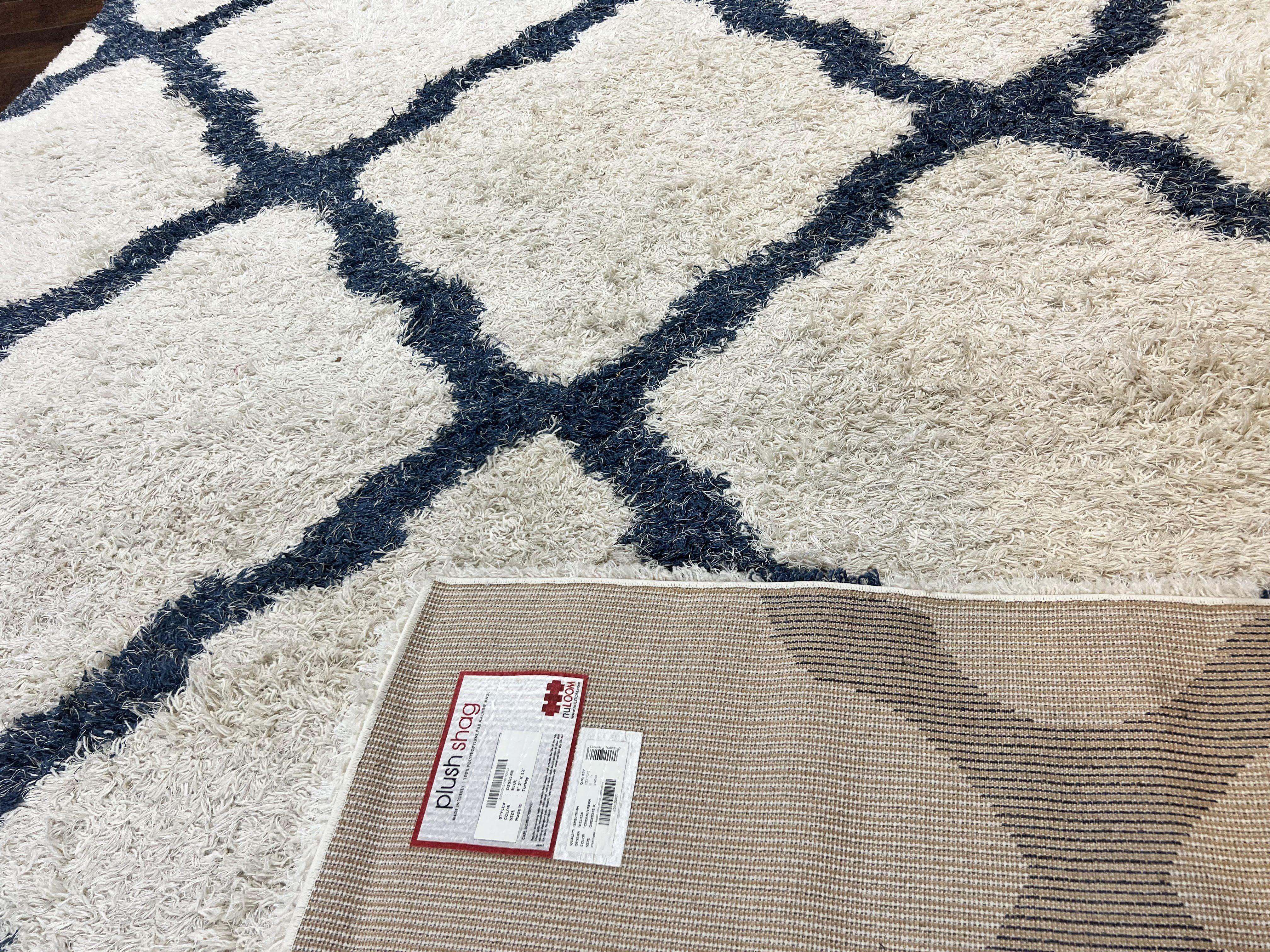 Modern Shag Rug 9x12, Ivory and Dark Blue, Diamond Pattern, Soft, Room Sized, Contemporary Rug, Plush - Jewel Rugs