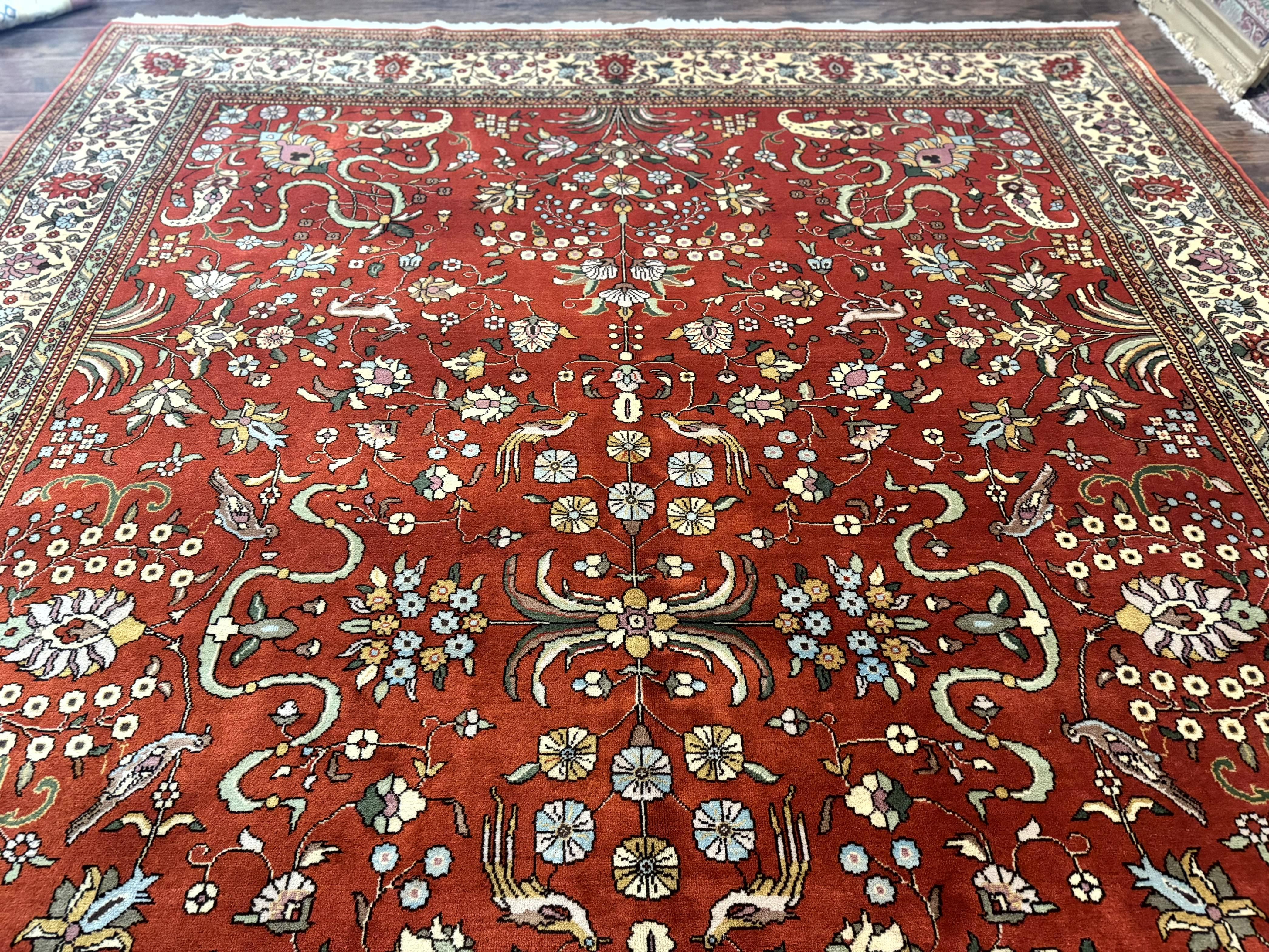 Romanian Rug 10x13, Vintage Handmade Wool Carpet, Floral Pattern, Birds, Red and Cream, Signed By Masterweaver, Persian Rug - Jewel Rugs