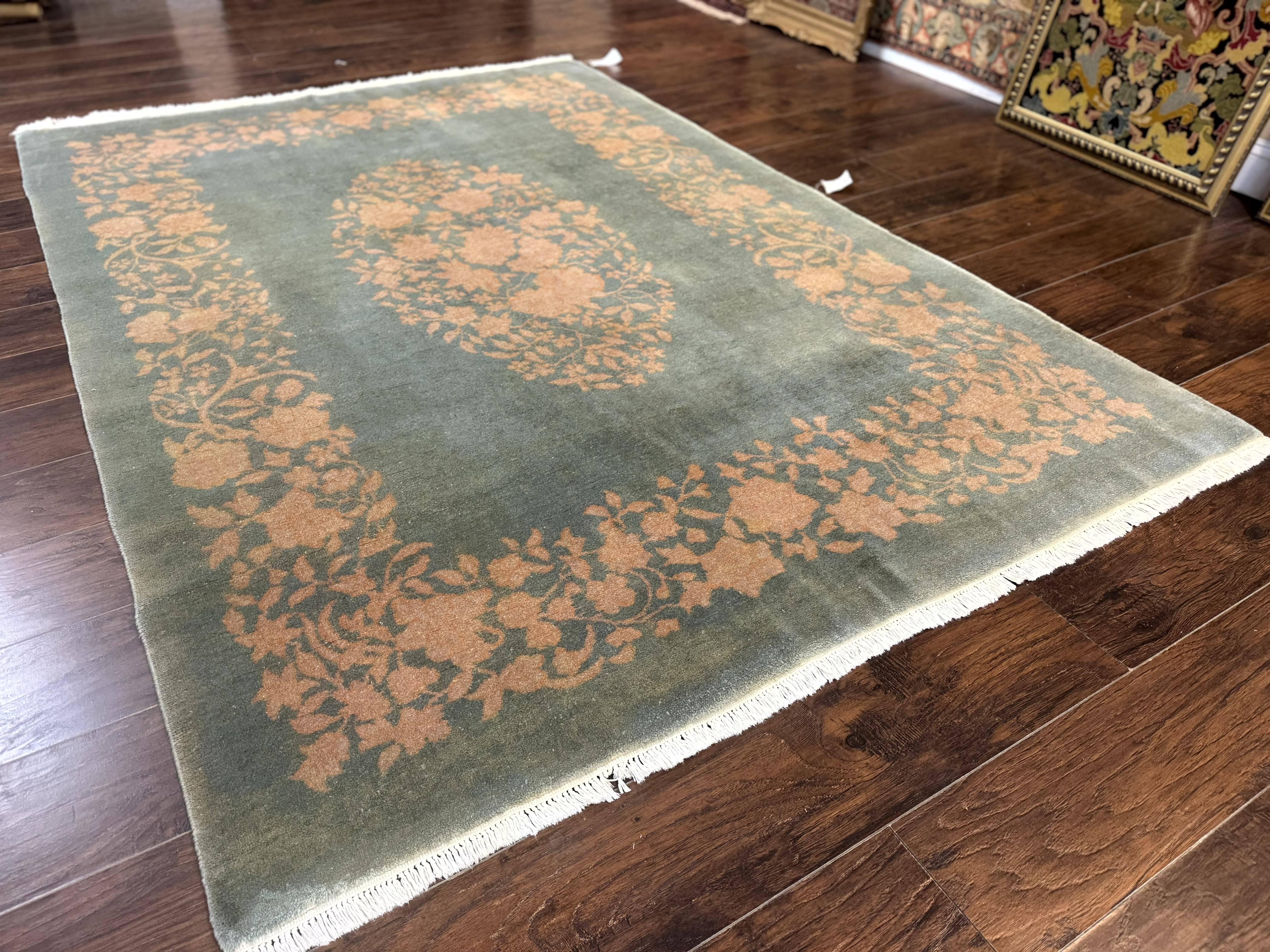 Teal Chinese Wool Rug 6x8, Vintage Handmade Carpet, Floral, Semi Open Field - Jewel Rugs
