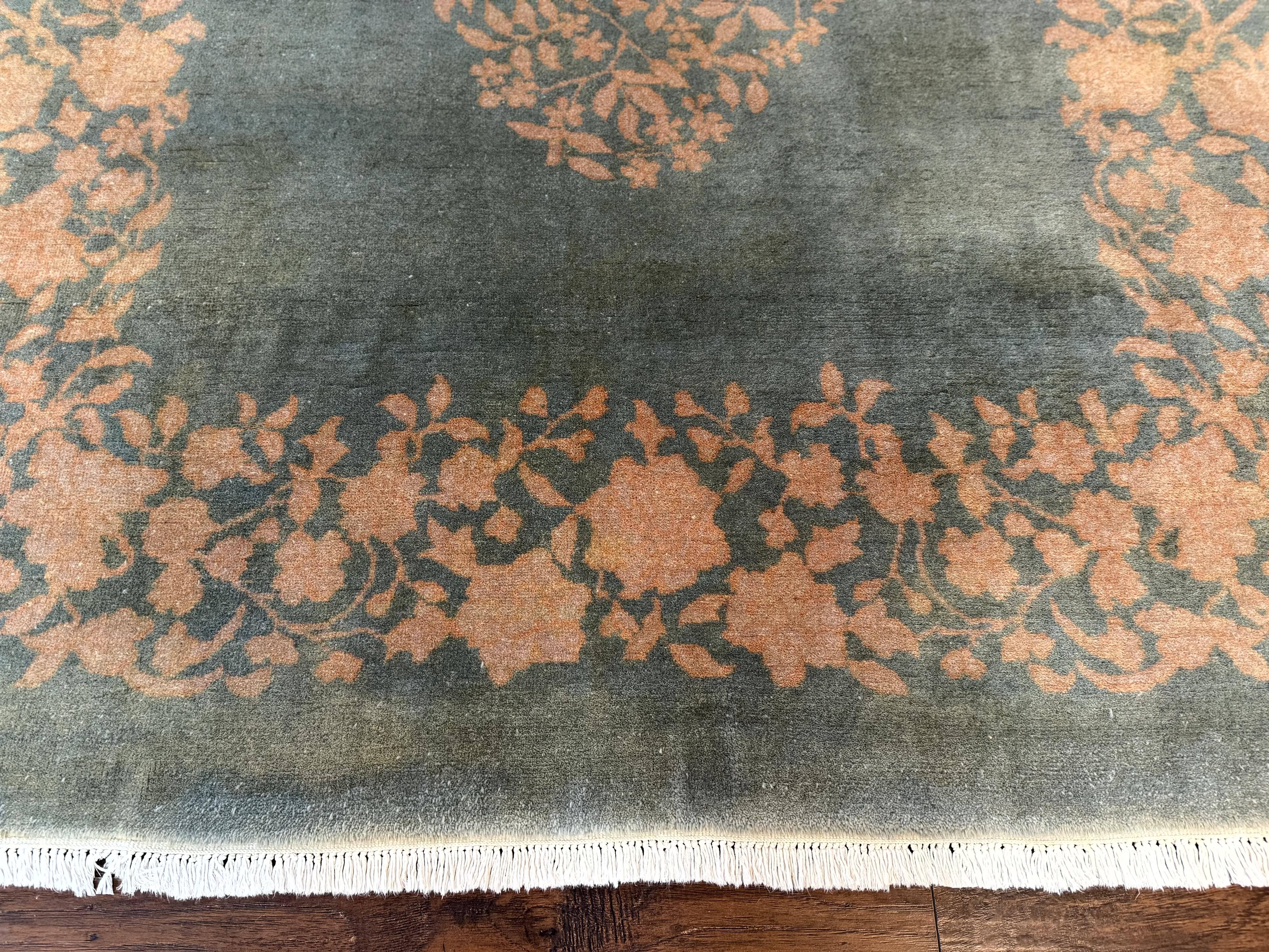 Teal Chinese Wool Rug 6x8, Vintage Handmade Carpet, Floral, Semi Open Field - Jewel Rugs
