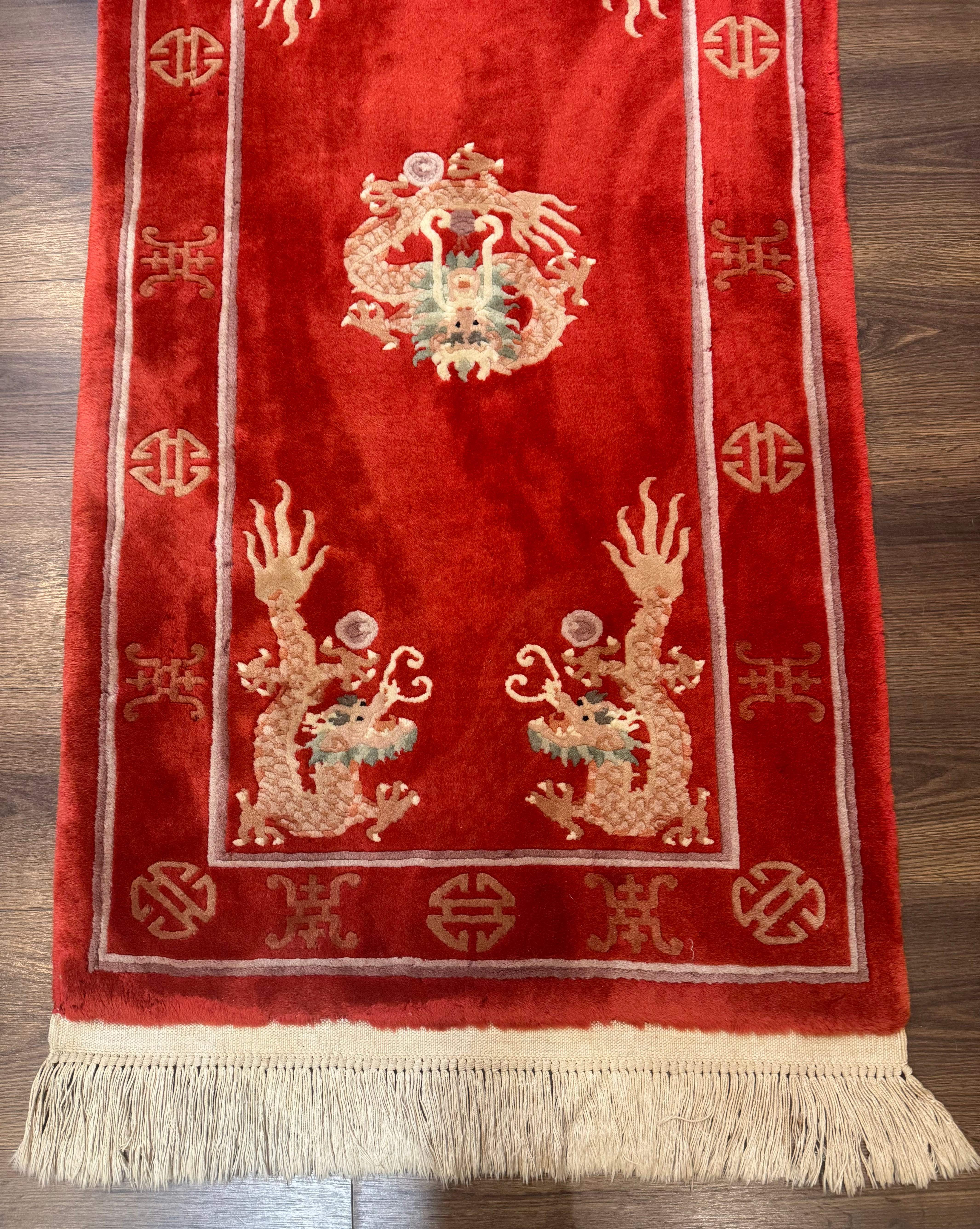 Red Chinese Dragon Rug 2x5 – Hand-Knotted Wool Asian Carpet - Jewel Rugs
