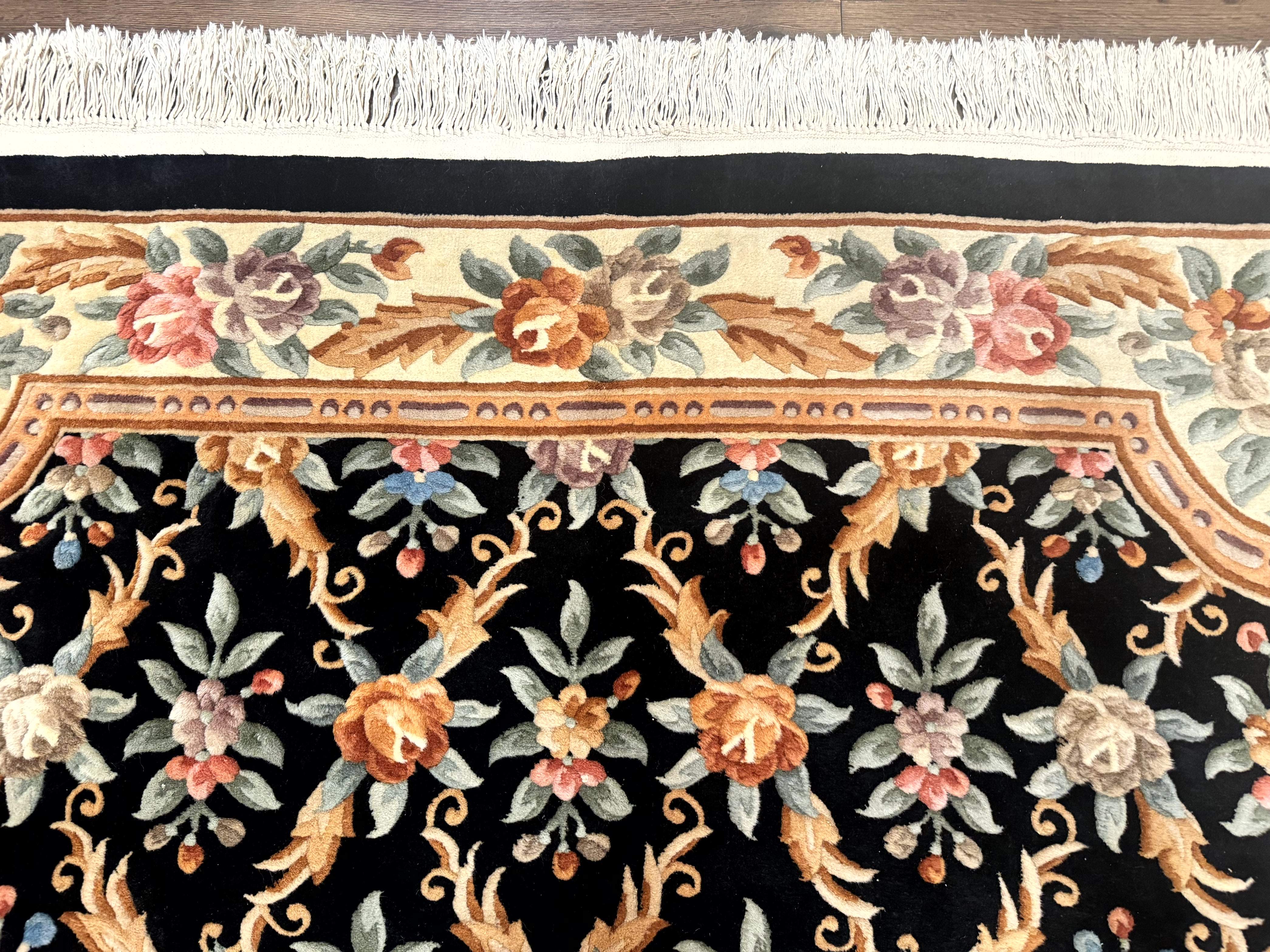 Chinese Wool Rug 6x9, Floral Aubusson Carpet, Black and Cream, 90 Line Rug - Jewel Rugs