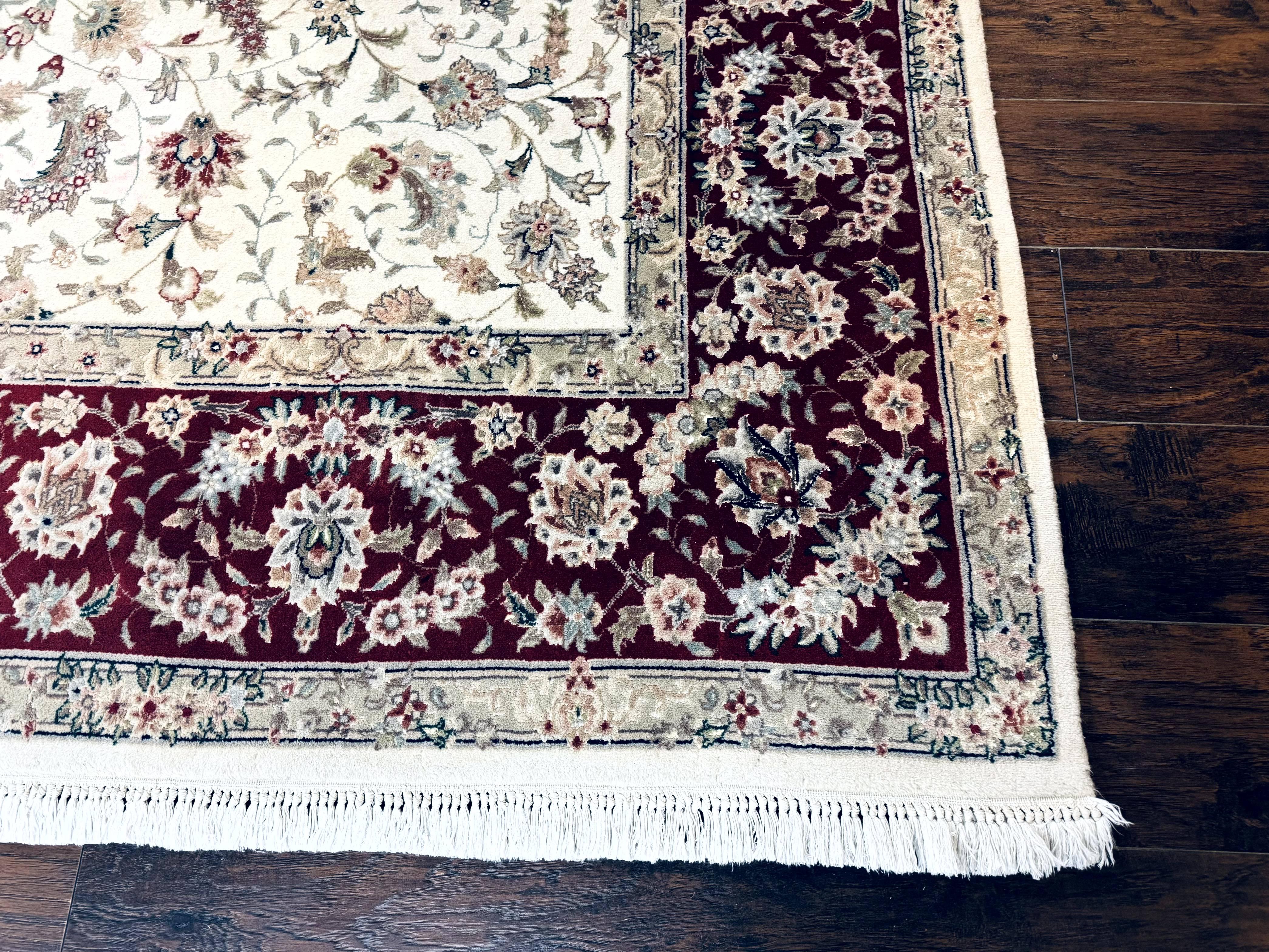 Sino Persian Rug 8x10, Beige and Burgundy, Floral Allover, Wool & Silk, Vintage - Jewel Rugs