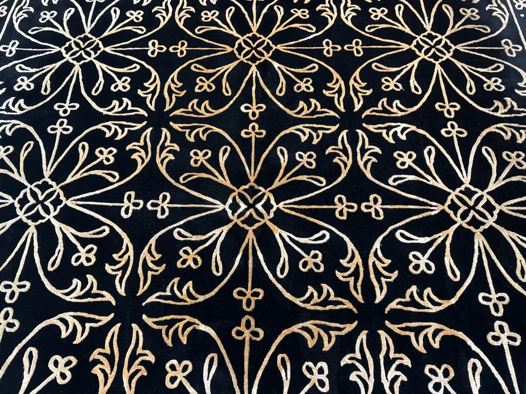 Tibetan Rug 8x10, Wool and Silk, Raised Pattern, Black and Gold, Floral - Jewel Rugs