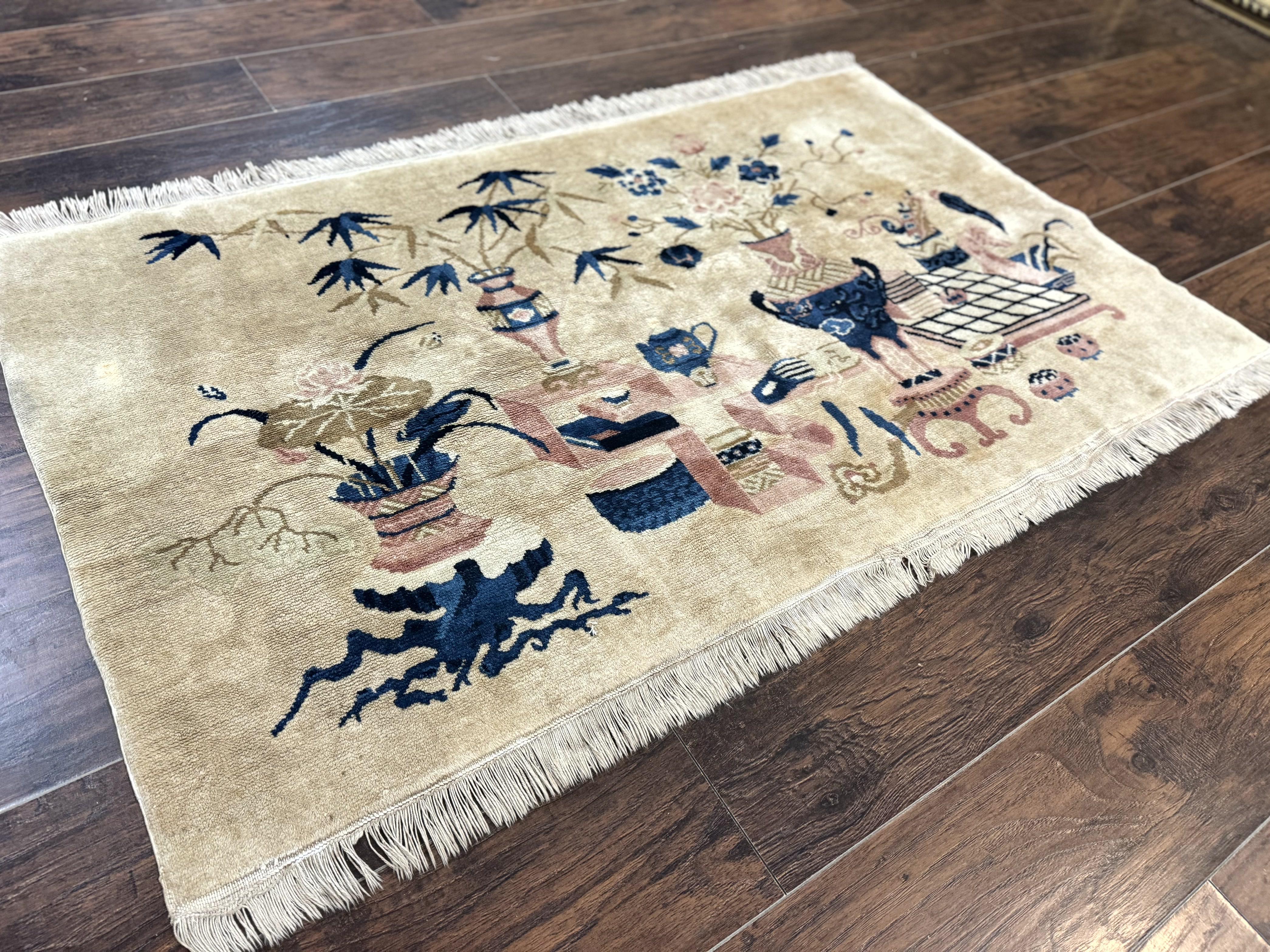 Chinese Rug 5x3, Horizontal Rug, Vases Flowers, Handmade Antique Vintage Carpet, Peking Rug, Chinese Wool Rug - Jewel Rugs
