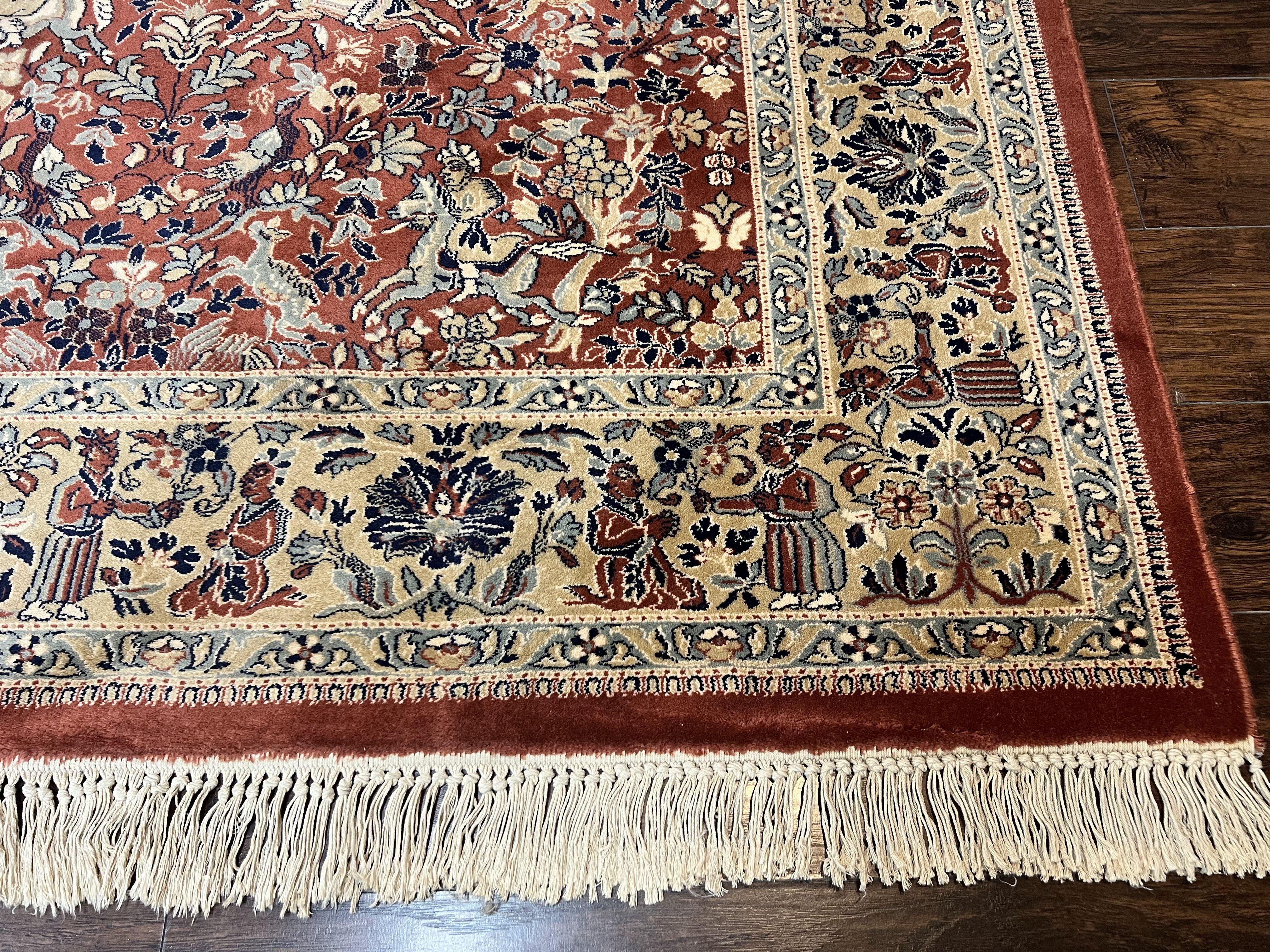 Persian Rug 10 x 13.6, Hunting Scene Rug, Large Wool Carpet, Vintage Couristan Belgium Power Loomed Rug, Red and Beige - Jewel Rugs