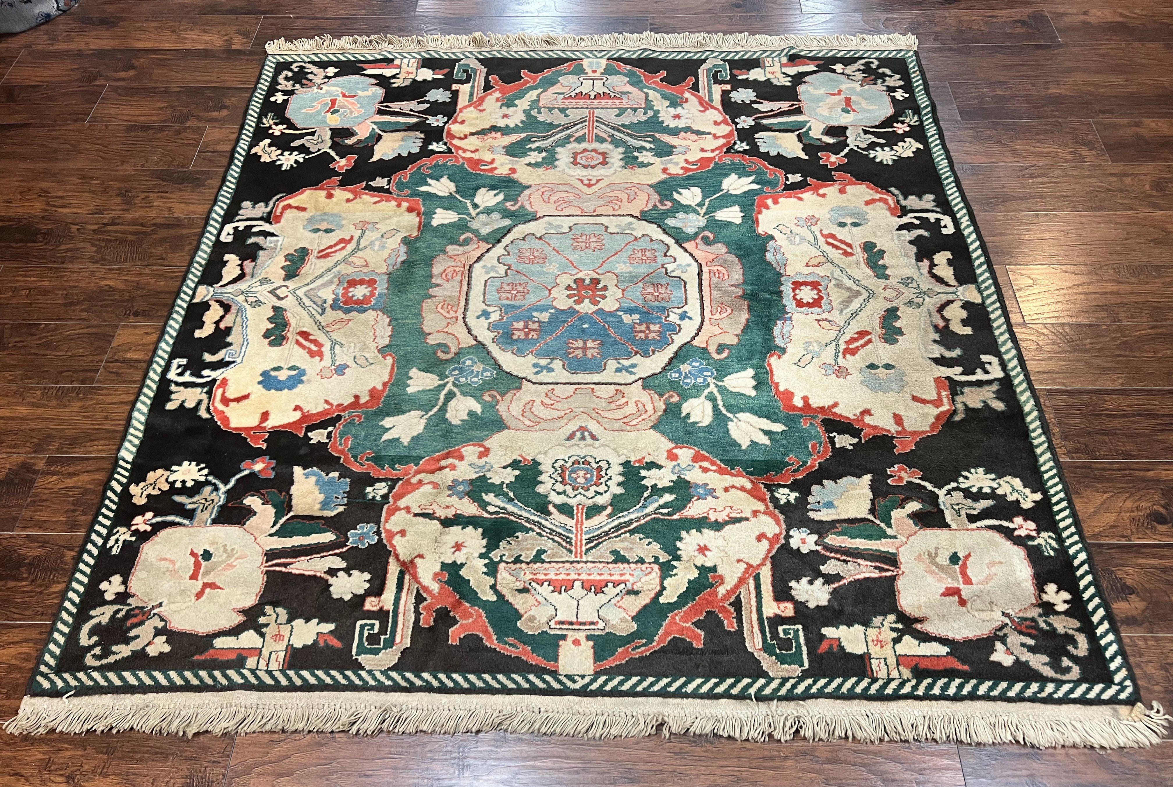 Square Turkish Rug 7x7, Vintage Handmade Wool Carpet, Black Beige Green - Jewel Rugs