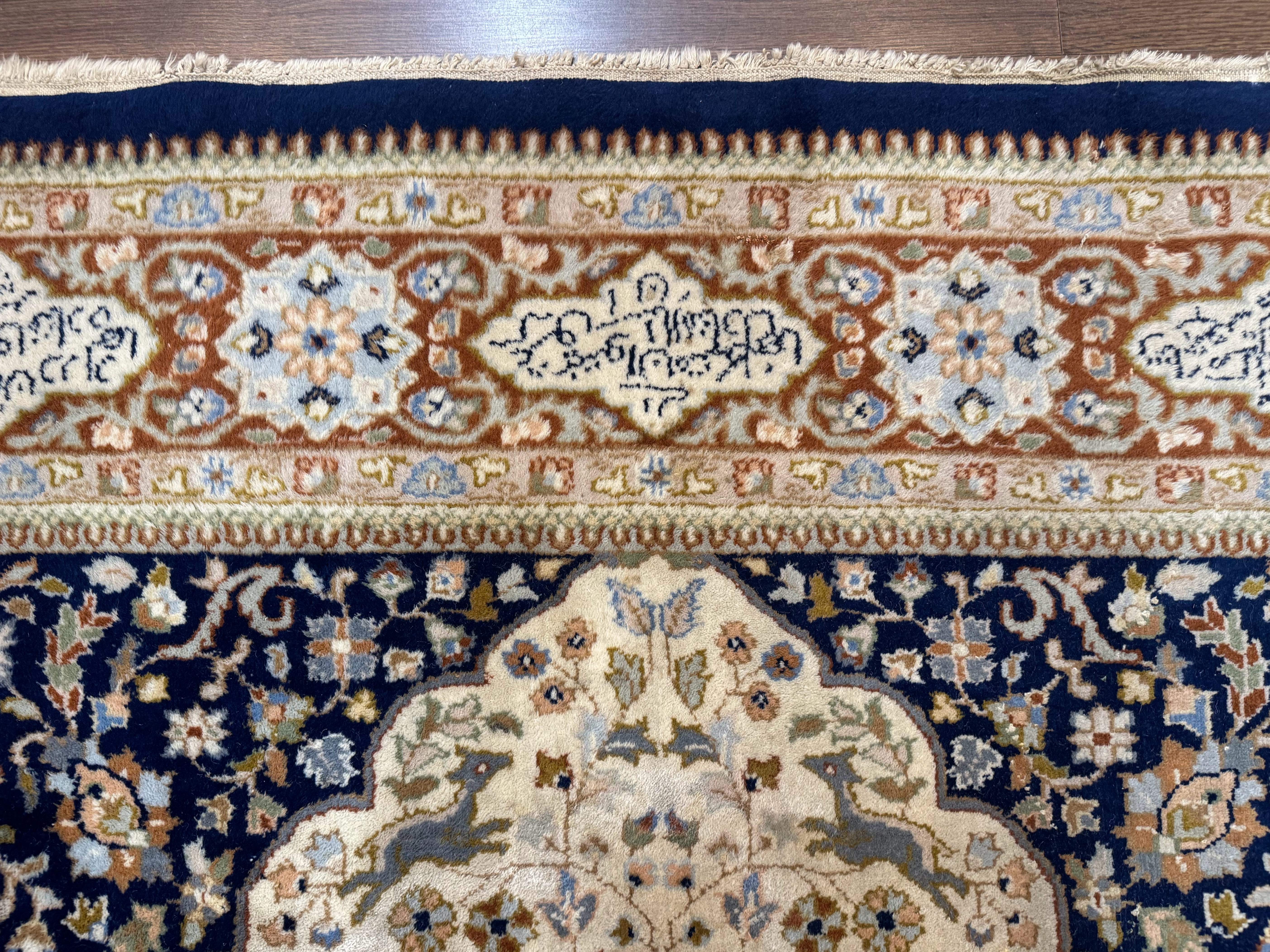 Indo Persian Rug 6x9 – Ivory and Navy, Hunting Design, Wool, Vintage, Poetry in Borders - Jewel Rugs