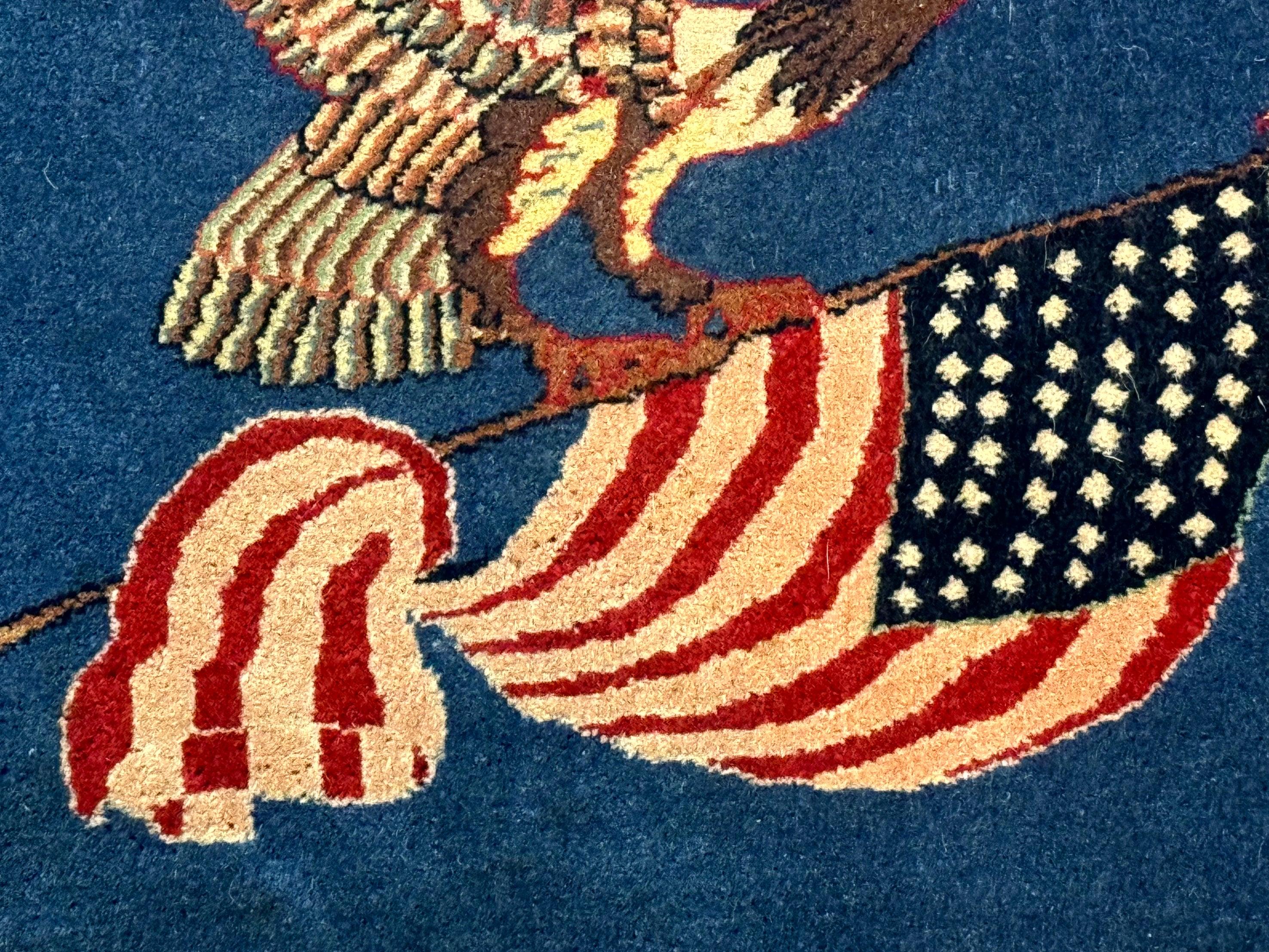 Pictorial Rug of American Flag with Bald Eagle, Small Indo Persian Pictorial Rug, Blue, Handmade, Very Fine 330 KPSI - Jewel Rugs