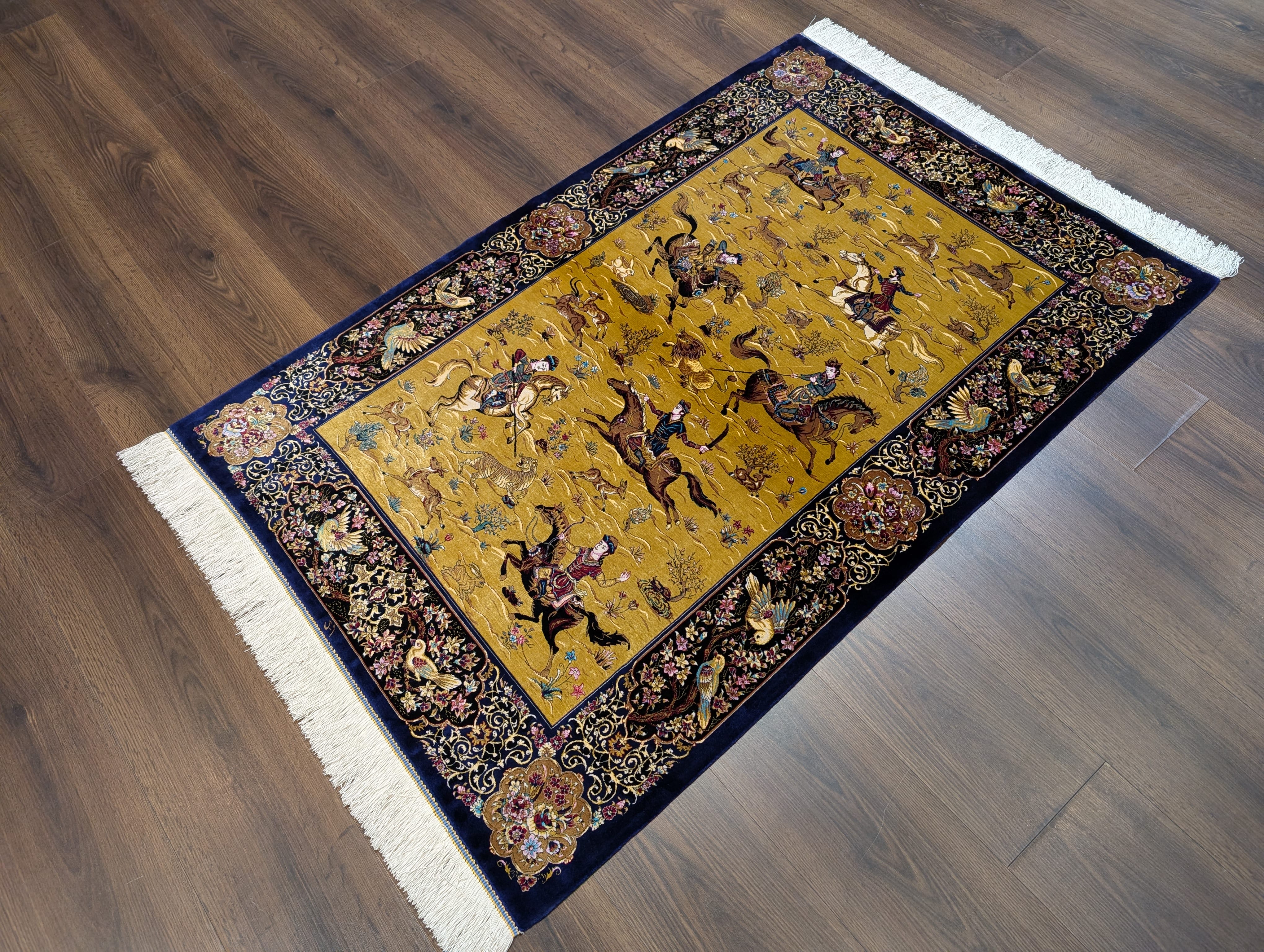Hunting Pattern Silk Rug 3x5, Animal Pictorials, Persian Design Silk Carpet, Bamboo Silk, New - Jewel Rugs