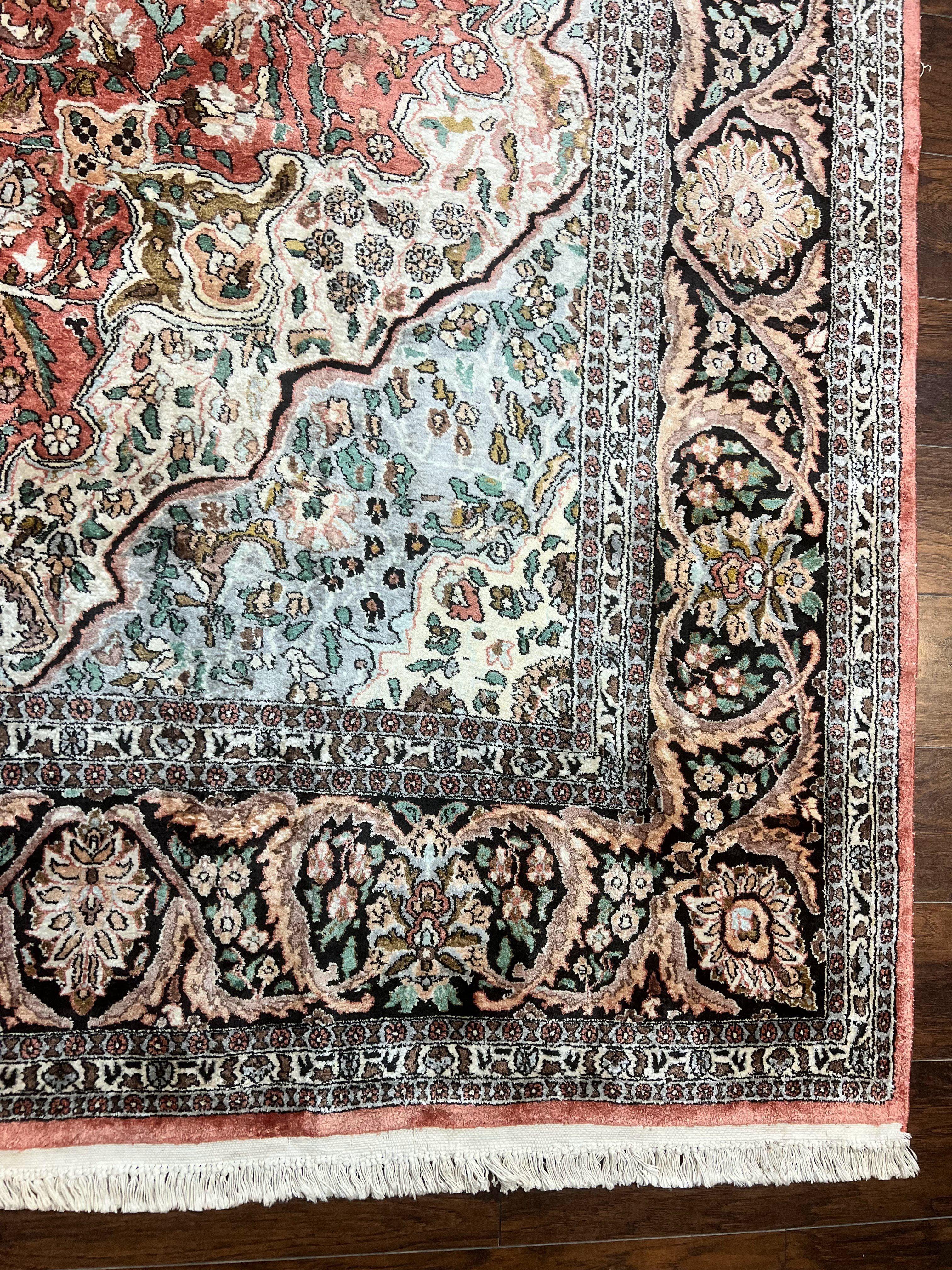 Silk Indian Kashmir Rug 10x14, Room Sized Silk Oriental Carpet, Indo Persian Kashmiri Rug, Traditional Floral Medallion Handmade Rug - Jewel Rugs