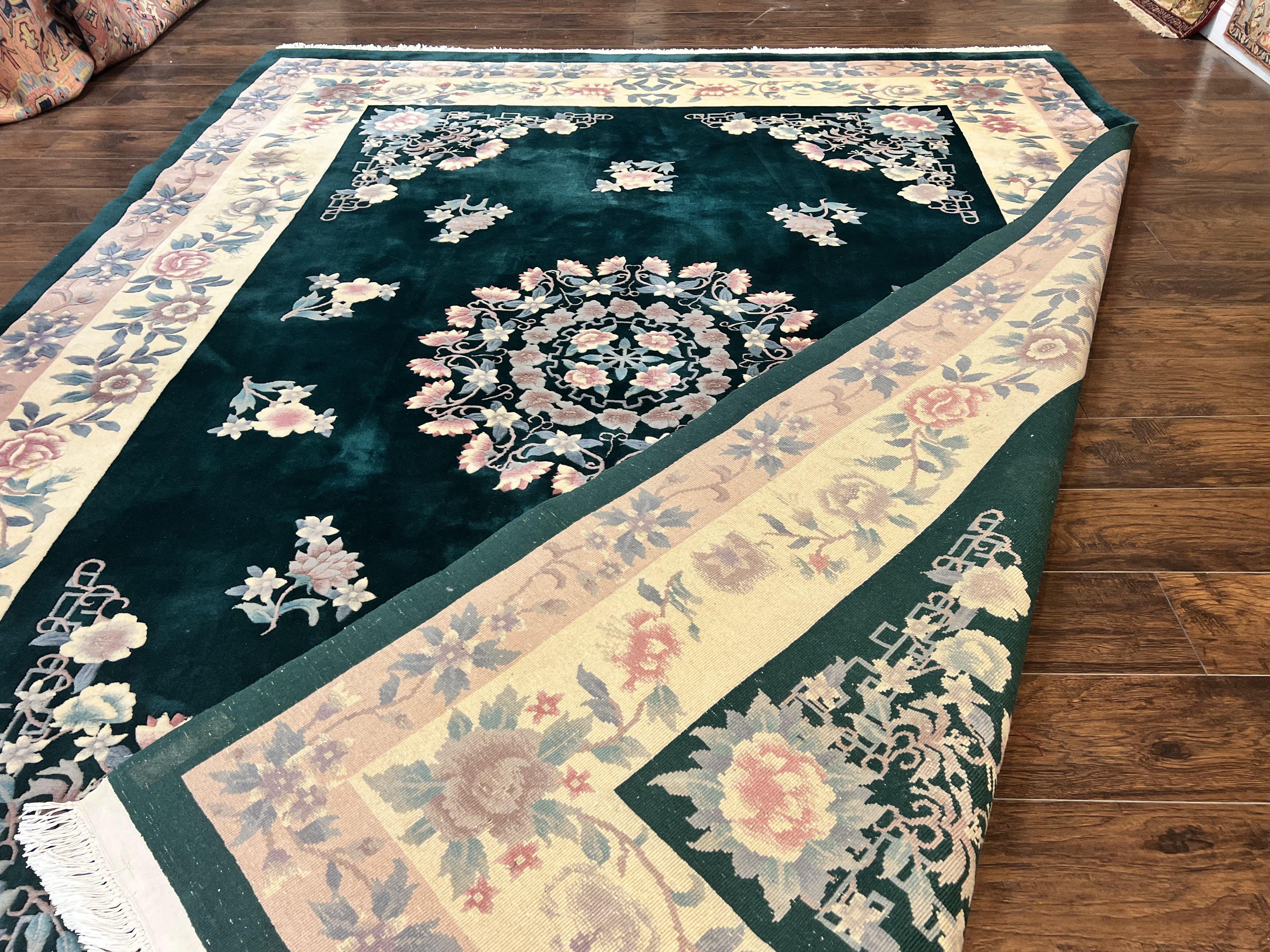Chinese Art Deco Rug 9x12, Wool Hand Knotted Vintage Carpet, Dark Green & Cream, 90 Line Carving Rug - Jewel Rugs