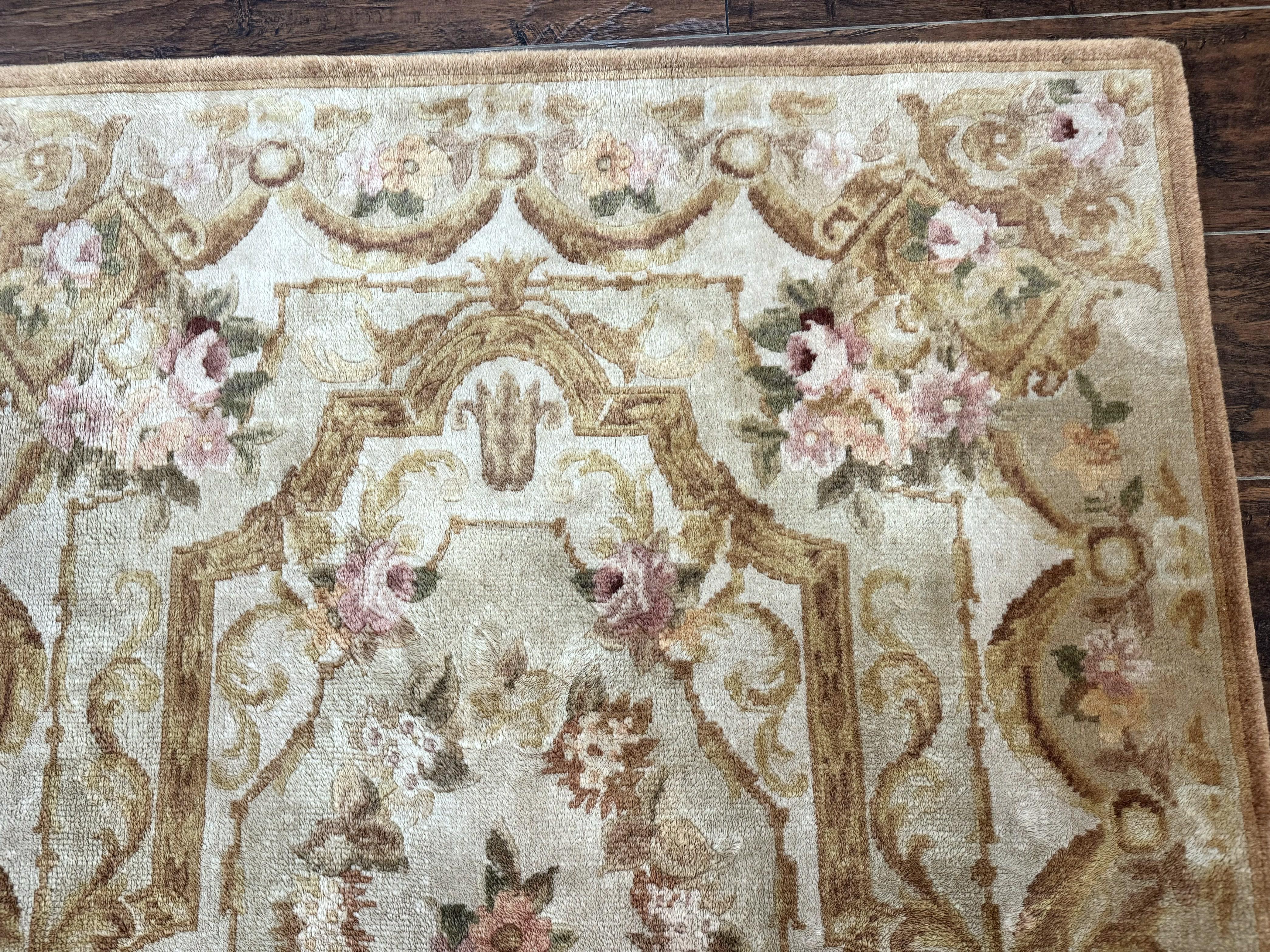 Chinese Aubusson Rug 3.6 x 5, Beige and Gold, Handmade Vintage Elegant European Design Carpet, Plush Wool, Handmade - Jewel Rugs