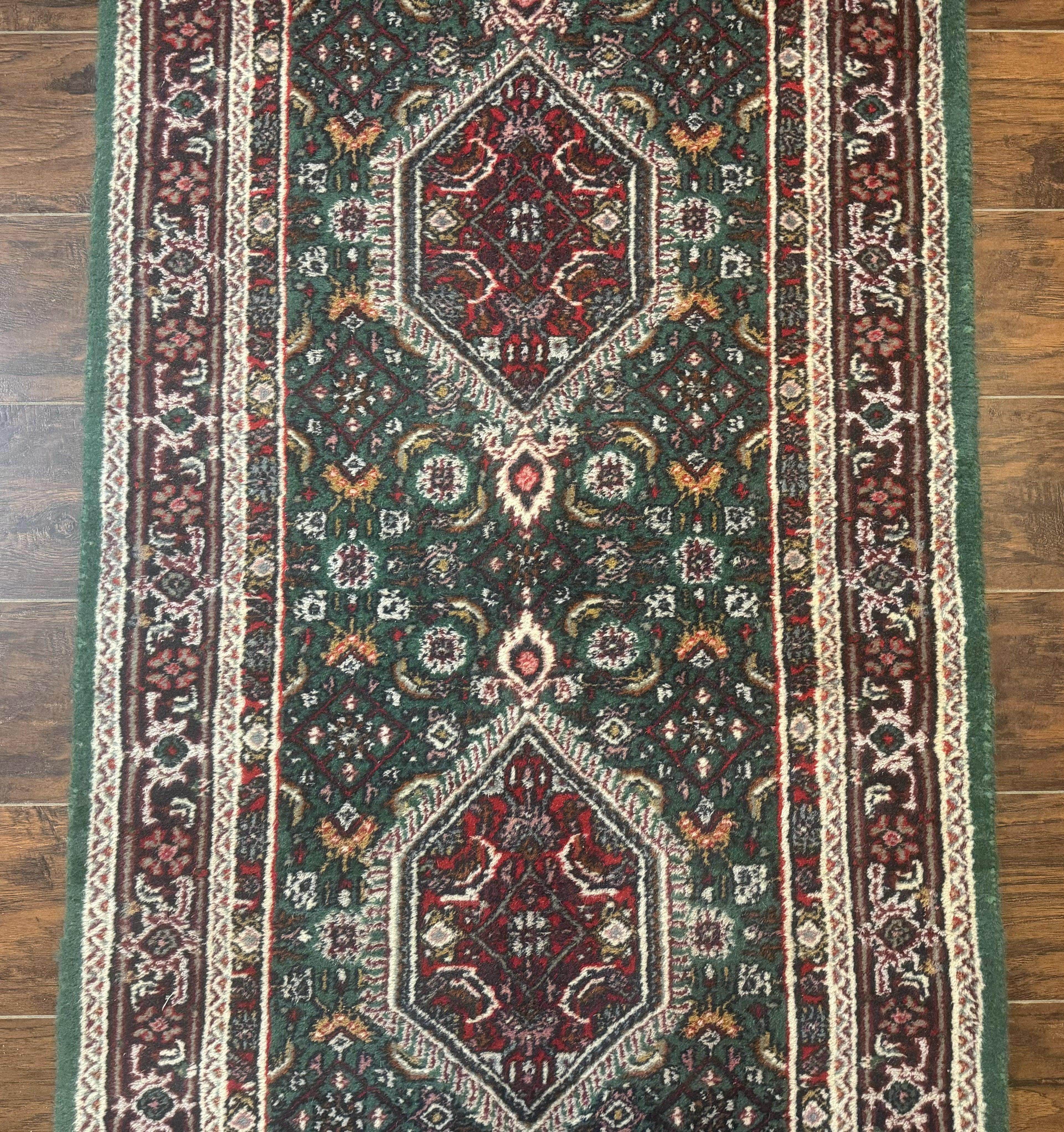 Green Indo Persian Bidjar Runner Rug 3x10, Green and Red - Jewel Rugs