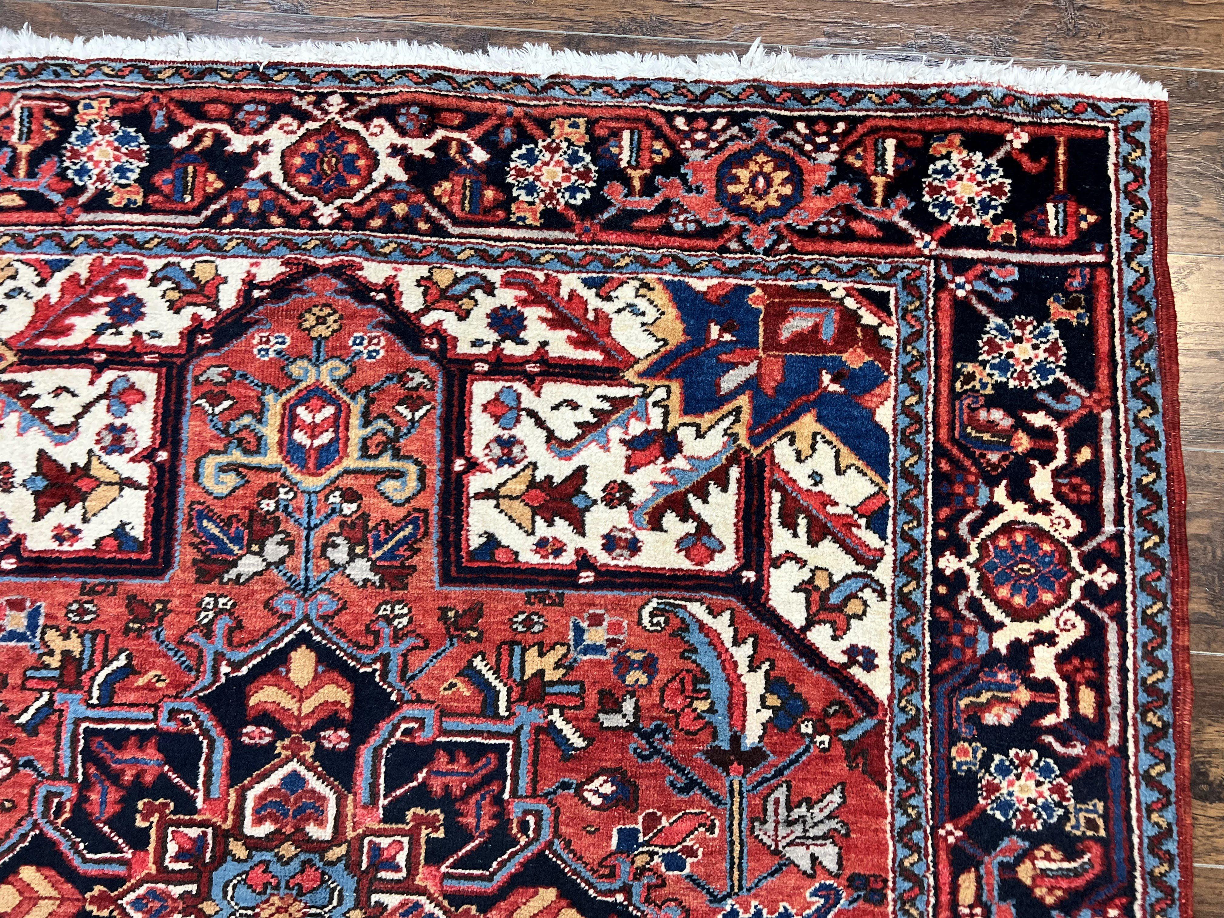 Persian Heriz Square Rug 6x6, Wool Hand Knotted Antique Carpet, Red Ivory & Navy Blue, Geometric Design Oriental Rug 6ft Square Handmade Rug - Jewel Rugs