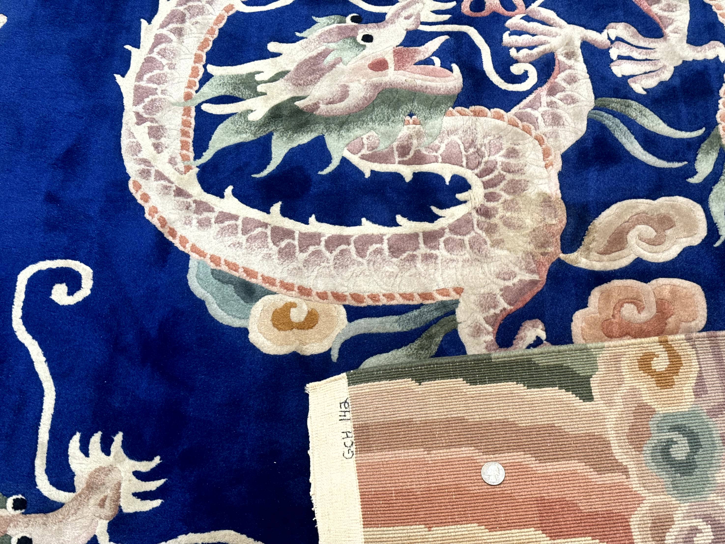 Blue Chinese Rug 9x12, Dragons, Rainbow Border, Art Deco Carpet, Peking Rug, Rare - Jewel Rugs