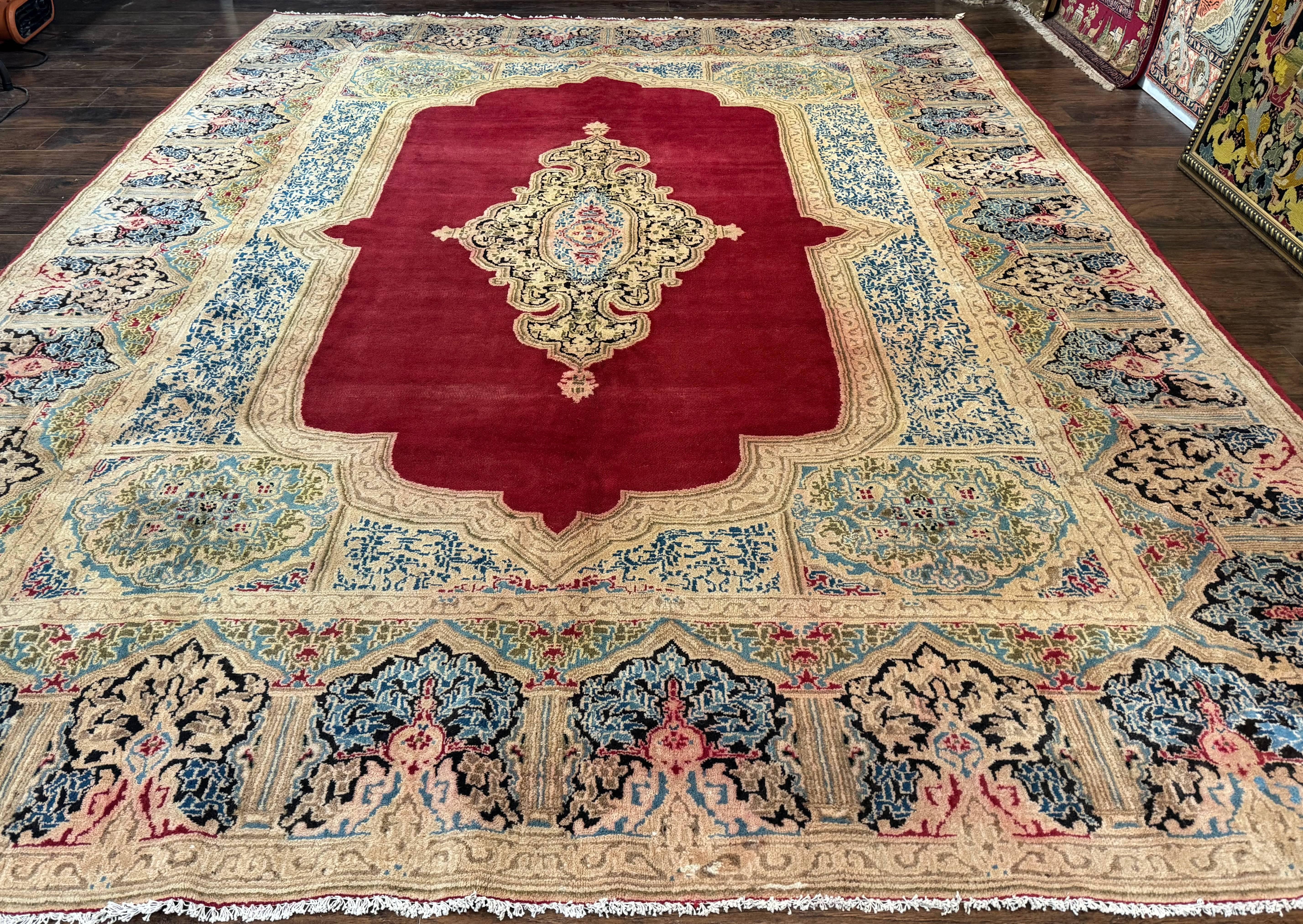 Large Persian Kerman Rug 10x13, Semi Open Field, Red Blue Tan, Handmade Persian Carpet, Antique - Jewel Rugs
