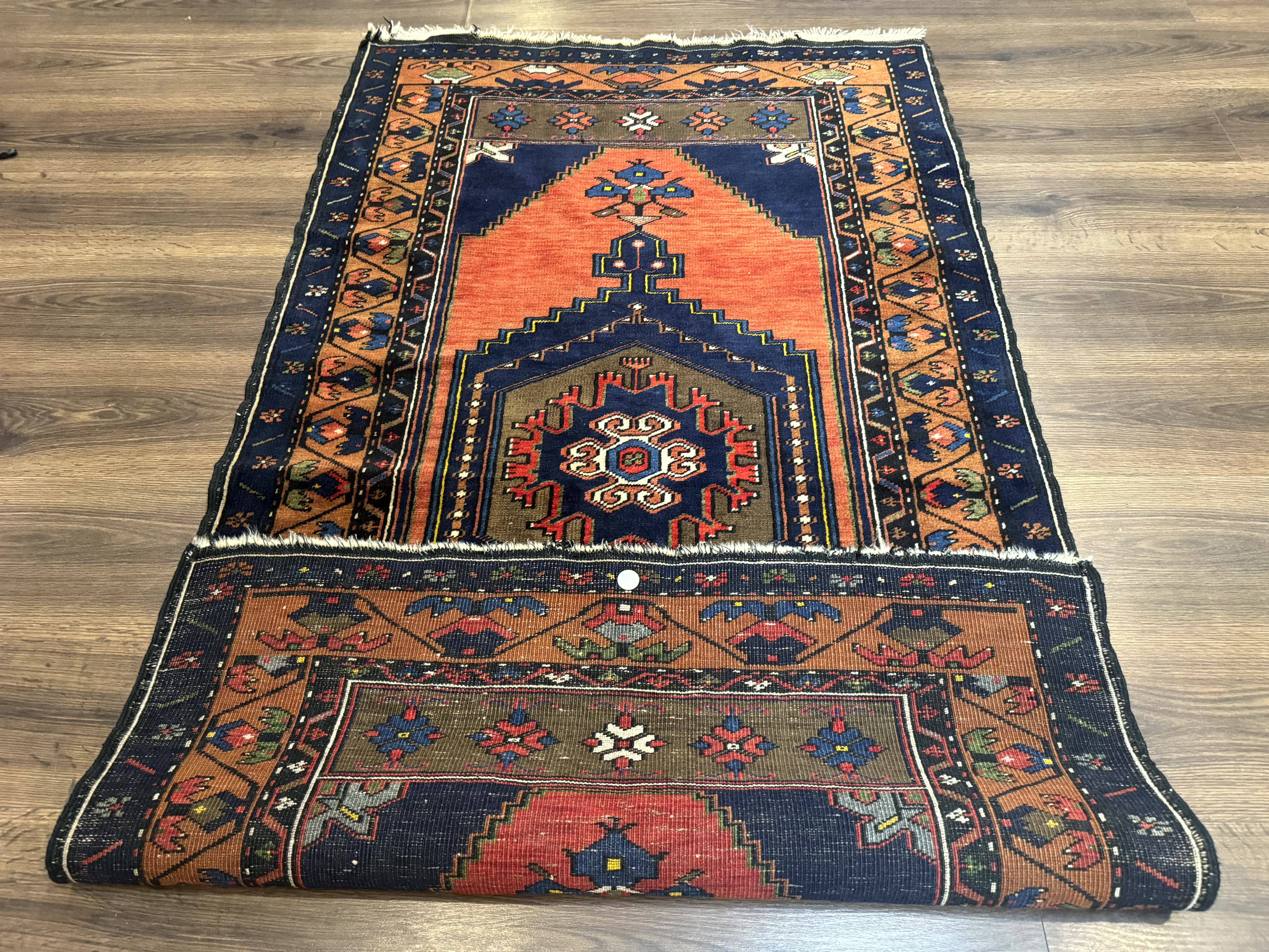 Persian Rug 3x6, Geometric Medallion, Village Tribal Rug, Terracotta and Navy Blue, Antique Nahavand Hamadan Rug - Jewel Rugs