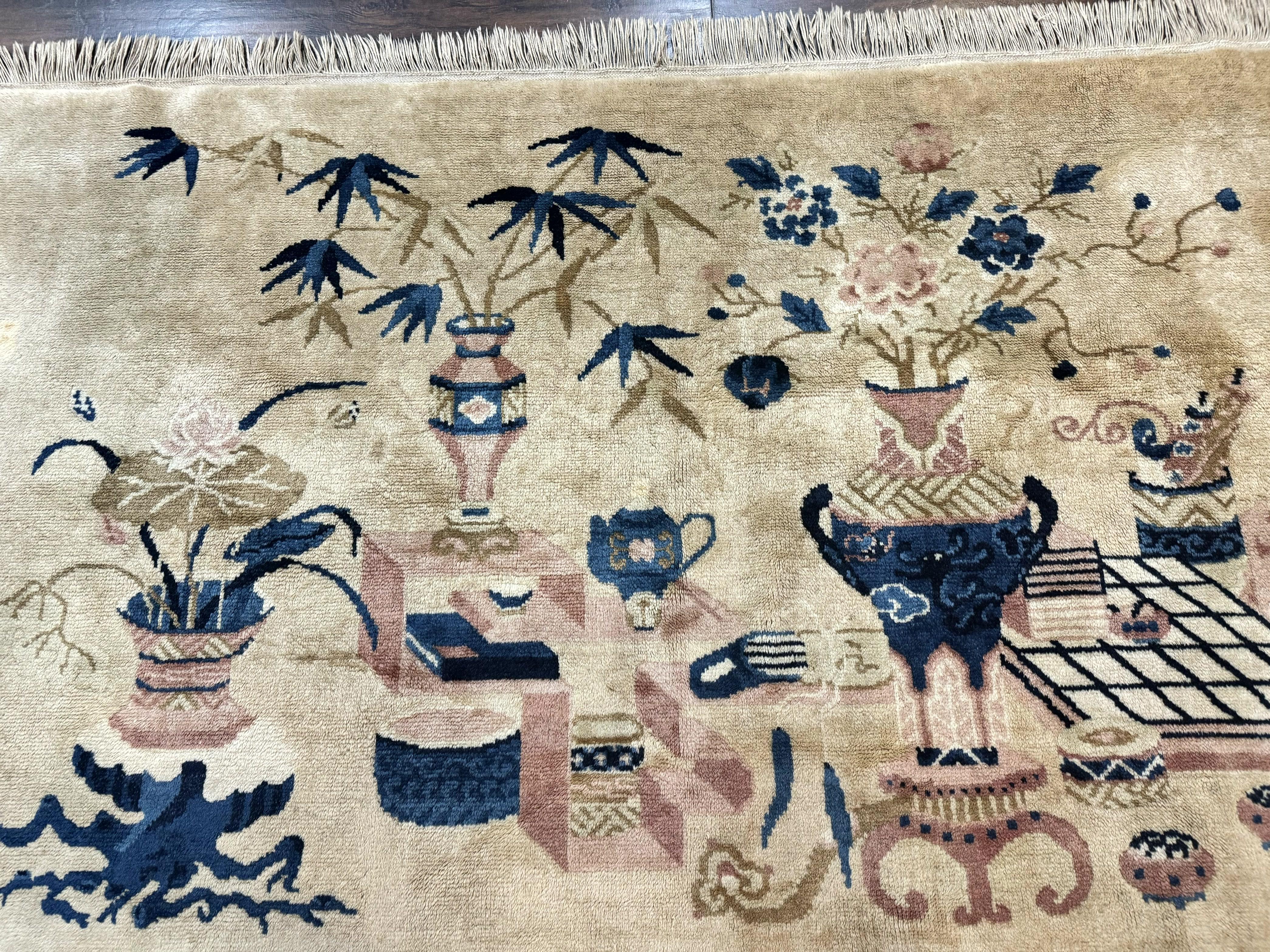 Chinese Rug 5x3, Horizontal Rug, Vases Flowers, Handmade Antique Vintage Carpet, Peking Rug, Chinese Wool Rug - Jewel Rugs