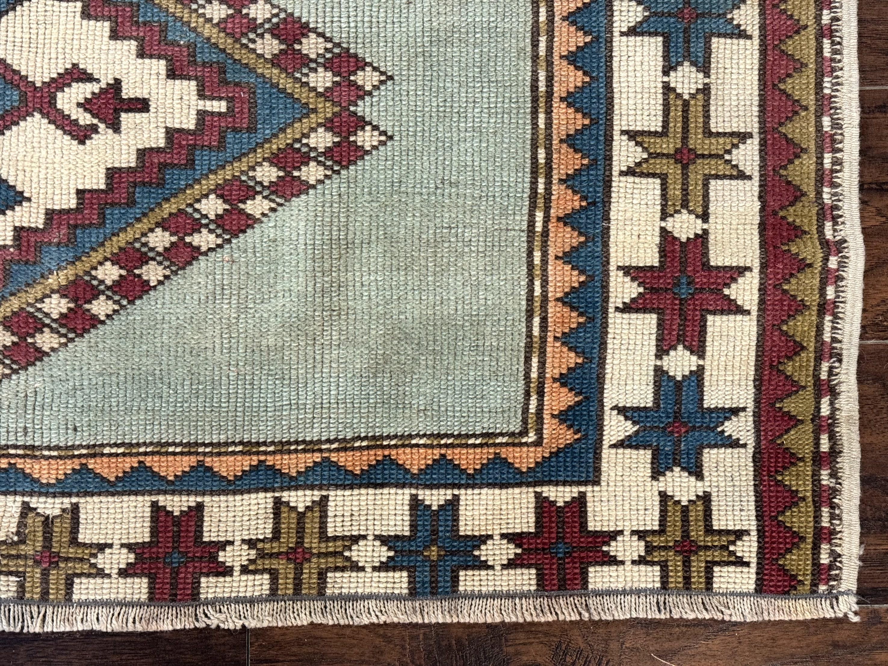 Turkish Kazak Rug 4x6, Geometric Medallion, Caucasian Design Rug, Semi Antique Vintage, Mint Green Maroon Ivory - Jewel Rugs