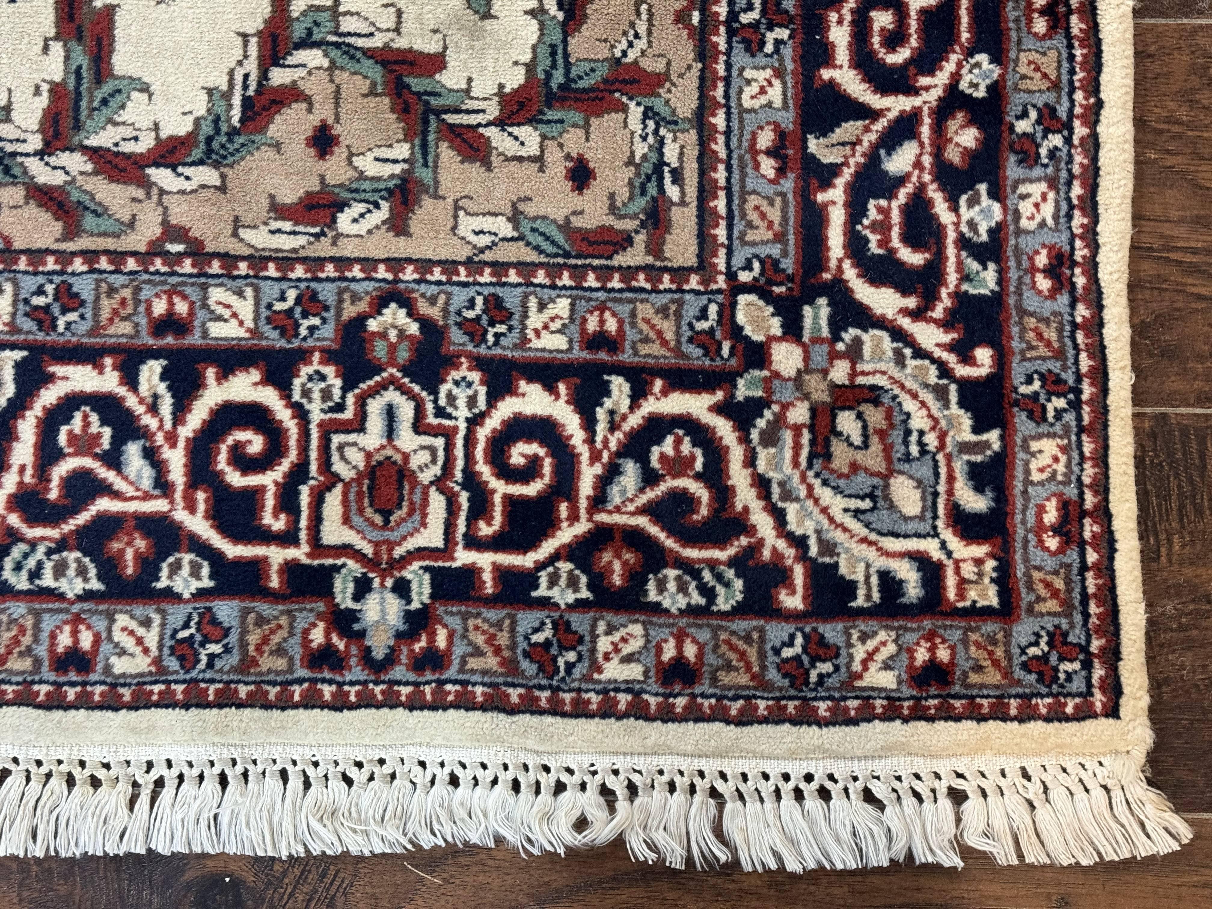 Indian Kashmiri Rug 4x6, Ivory Beige Navy Blue, Traditional Indo Persian Rug - Jewel Rugs