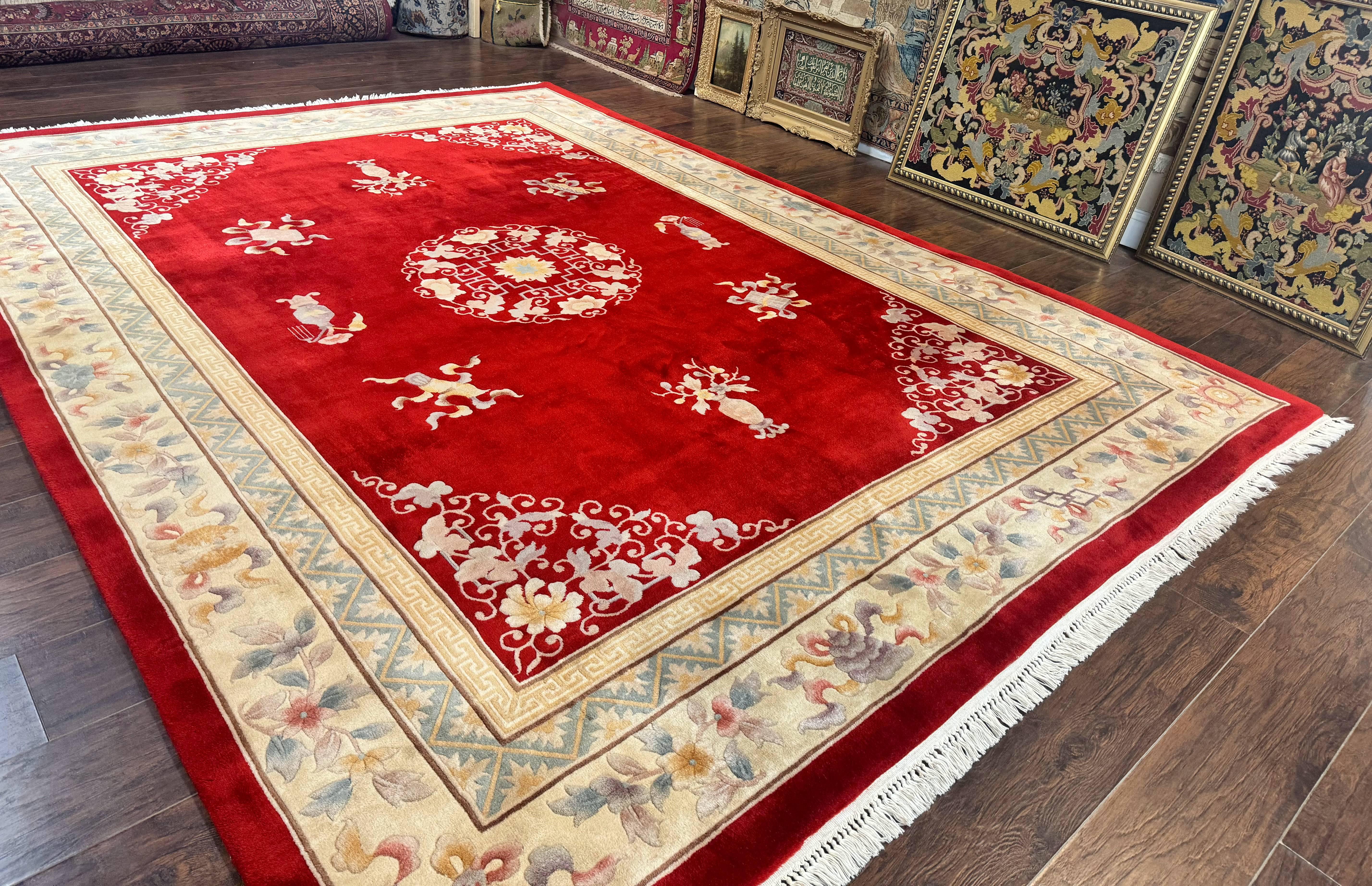 Chinese Wool Rug 8.6 x 11, Red and Beige Asian Oriental Carpet, Plush Pile, Vintage Handmade Chinese Carving Sculpted Rug, Semi Open Field - Jewel Rugs