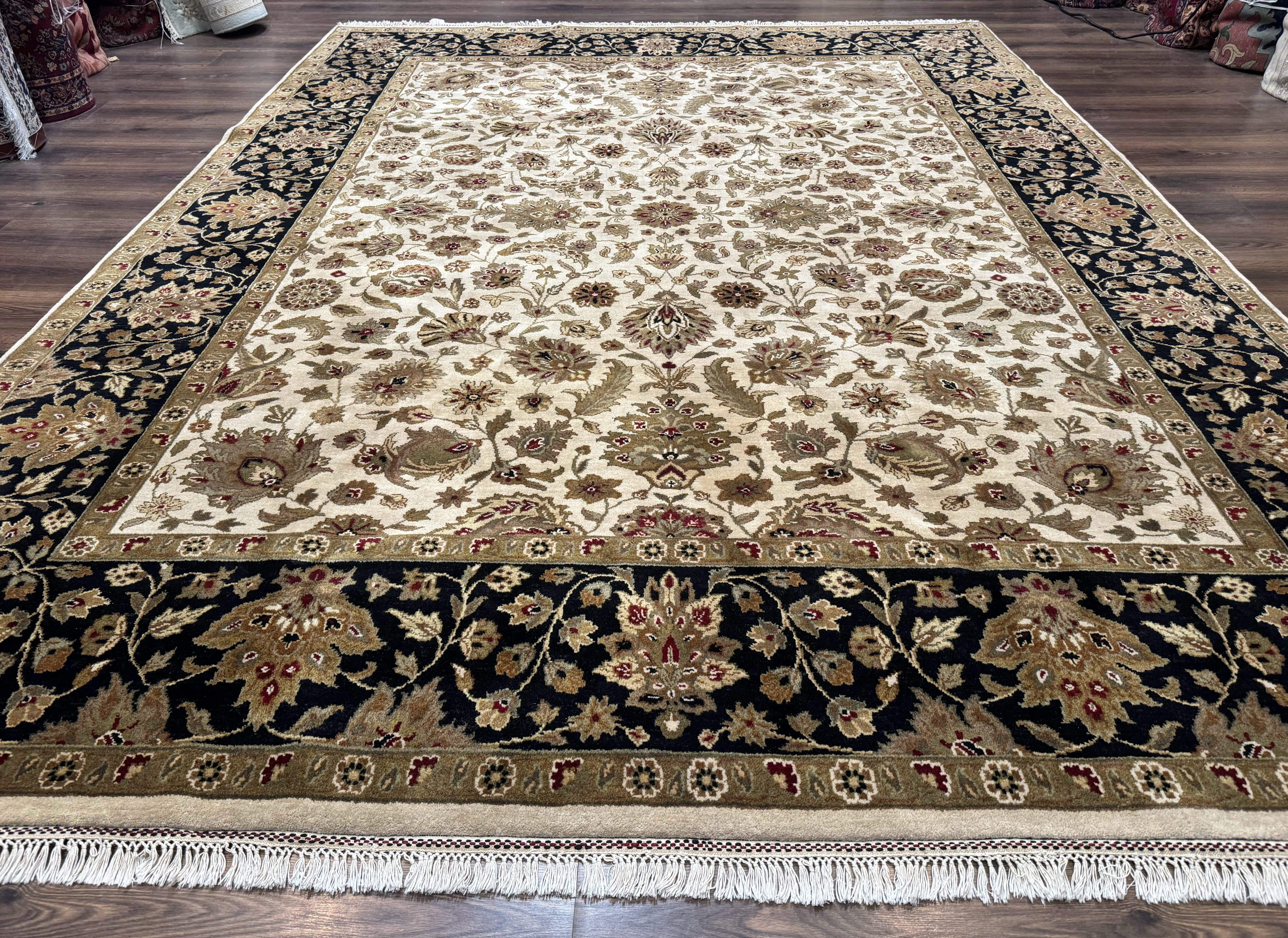 Indo Persian Mahal Rug 9x12, Cream and Black, Hand Knotted Wool Traditional Oriental Carpet - Jewel Rugs