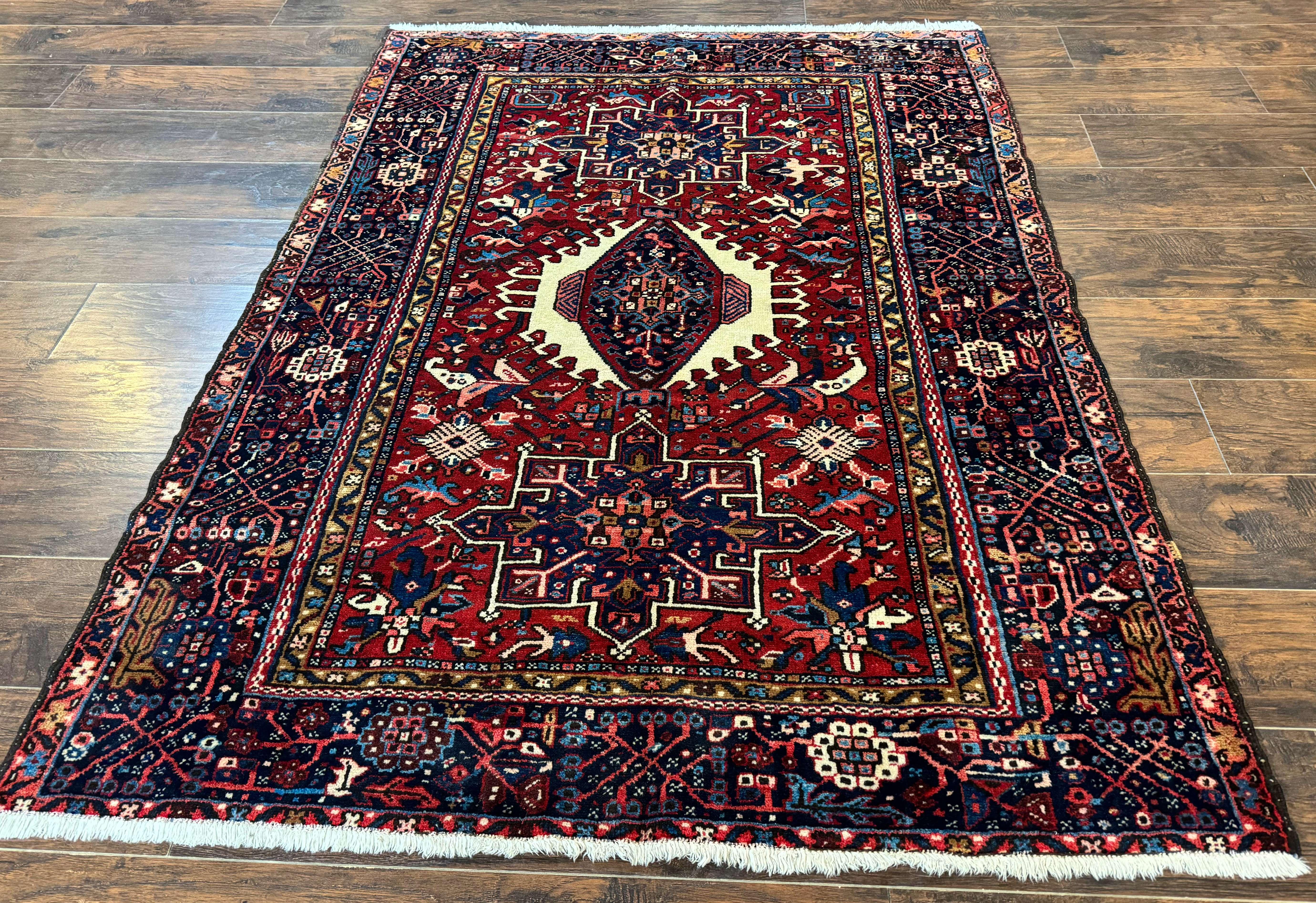 Persian Karajeh Rug 5x6, Antique Heriz Carpet, Geometric, Persian Tribal Rug, Brick Red Navy Blue - Jewel Rugs