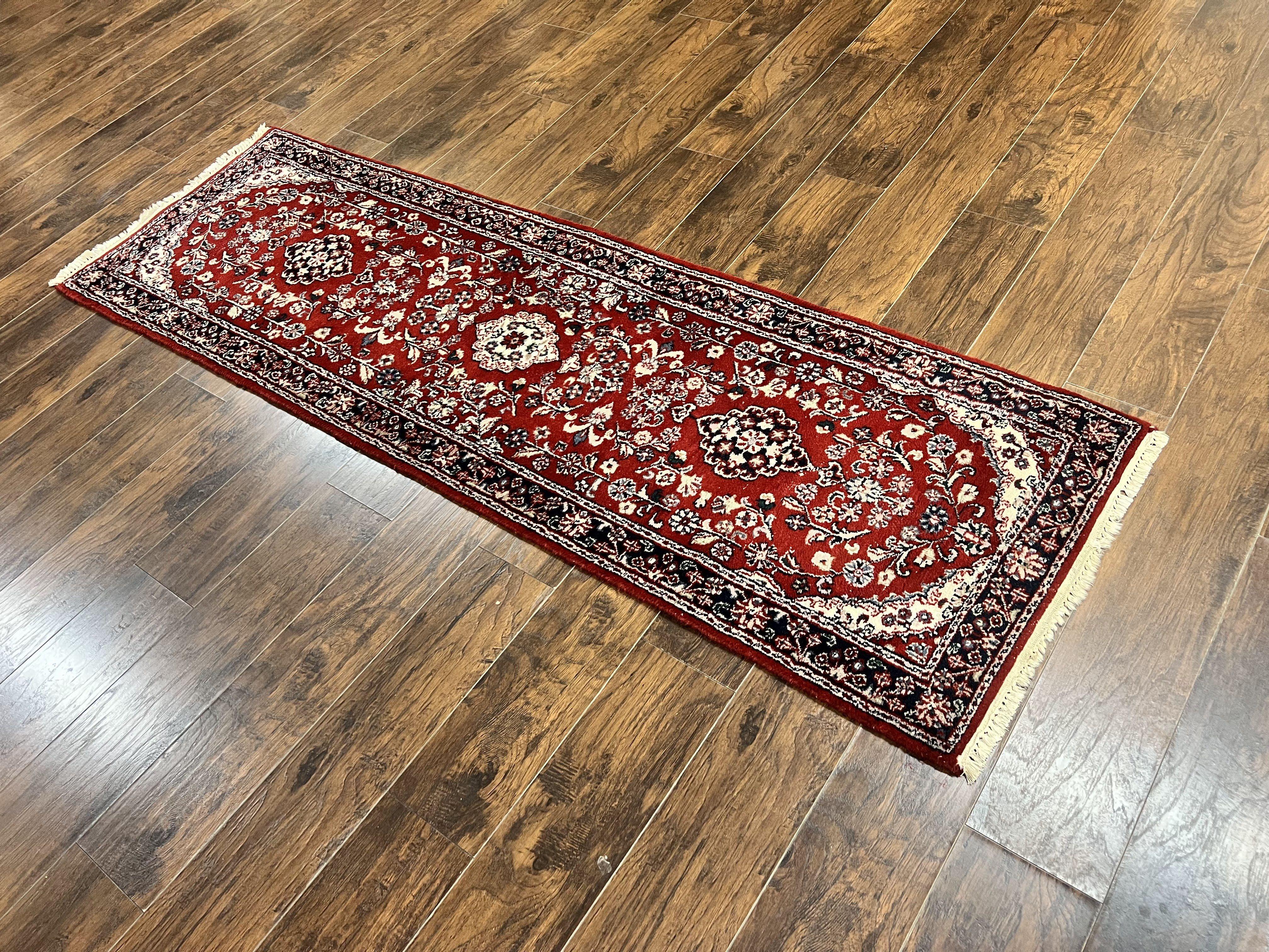 Indo Sarouk Runner Rug 3x8, Wool Hand Knotted Vintage Carpet, Red & Navy Blue Oriental Persian Runner 3 x 8, Floral Hallway Rug - Jewel Rugs