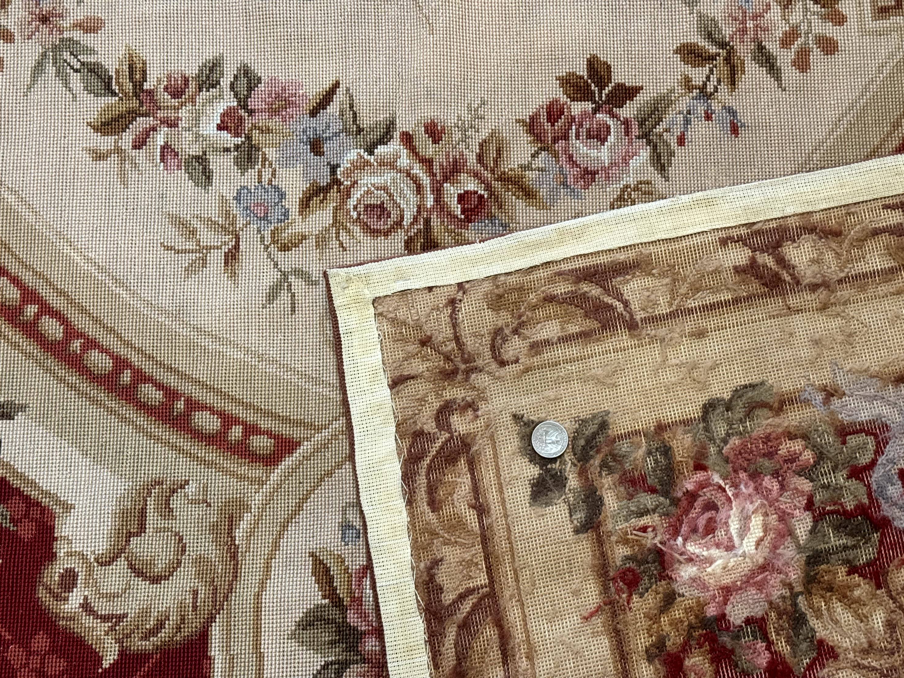 Aubusson Rug 8x11, Needlepoint Carpet, Red Ivory Beige, Vintage, French European Design - Jewel Rugs