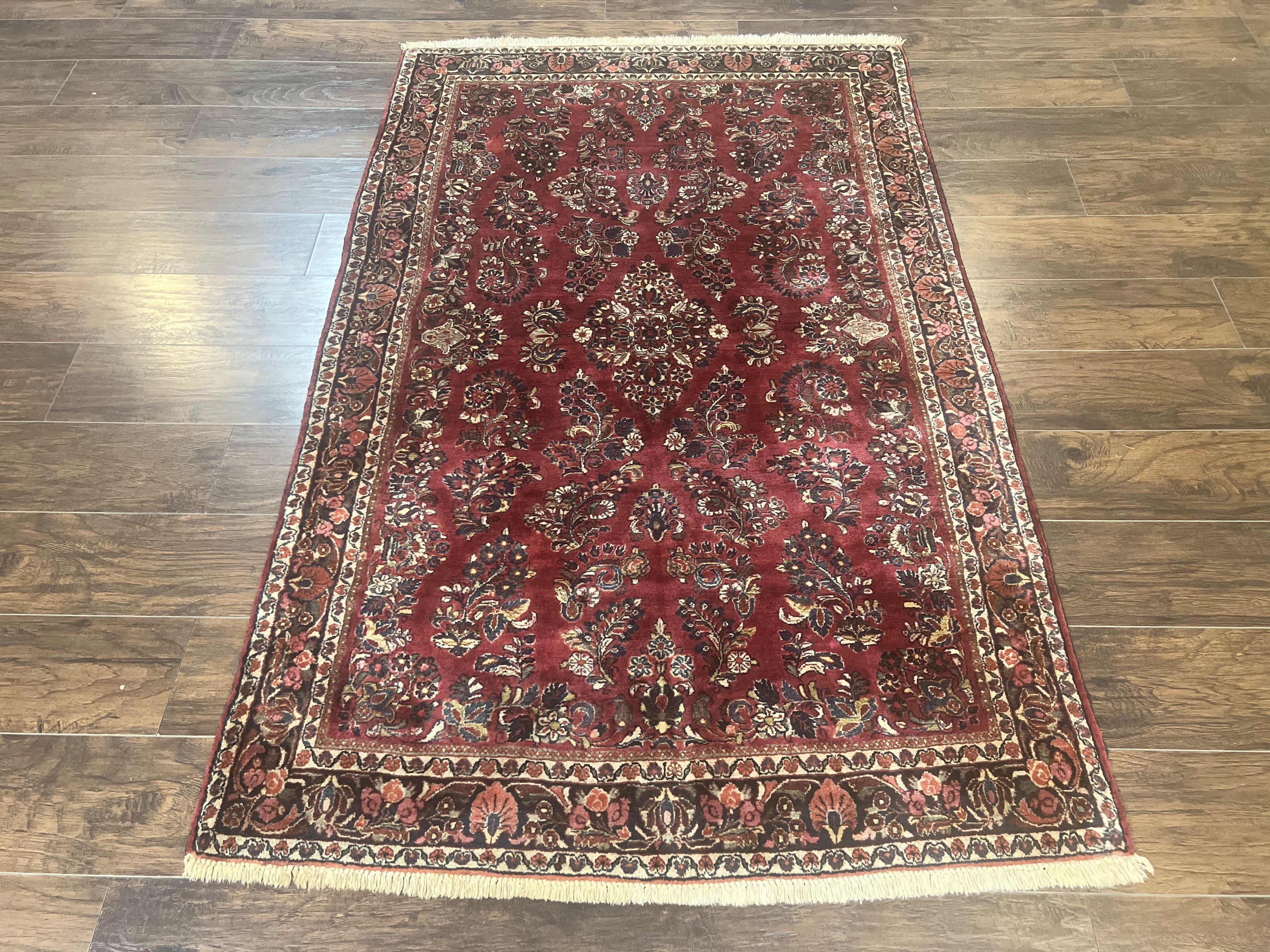 Antique Persian Sarouk Rug 4x7, Hand Knotted Wool Red Persian Carpet, Floral - Jewel Rugs