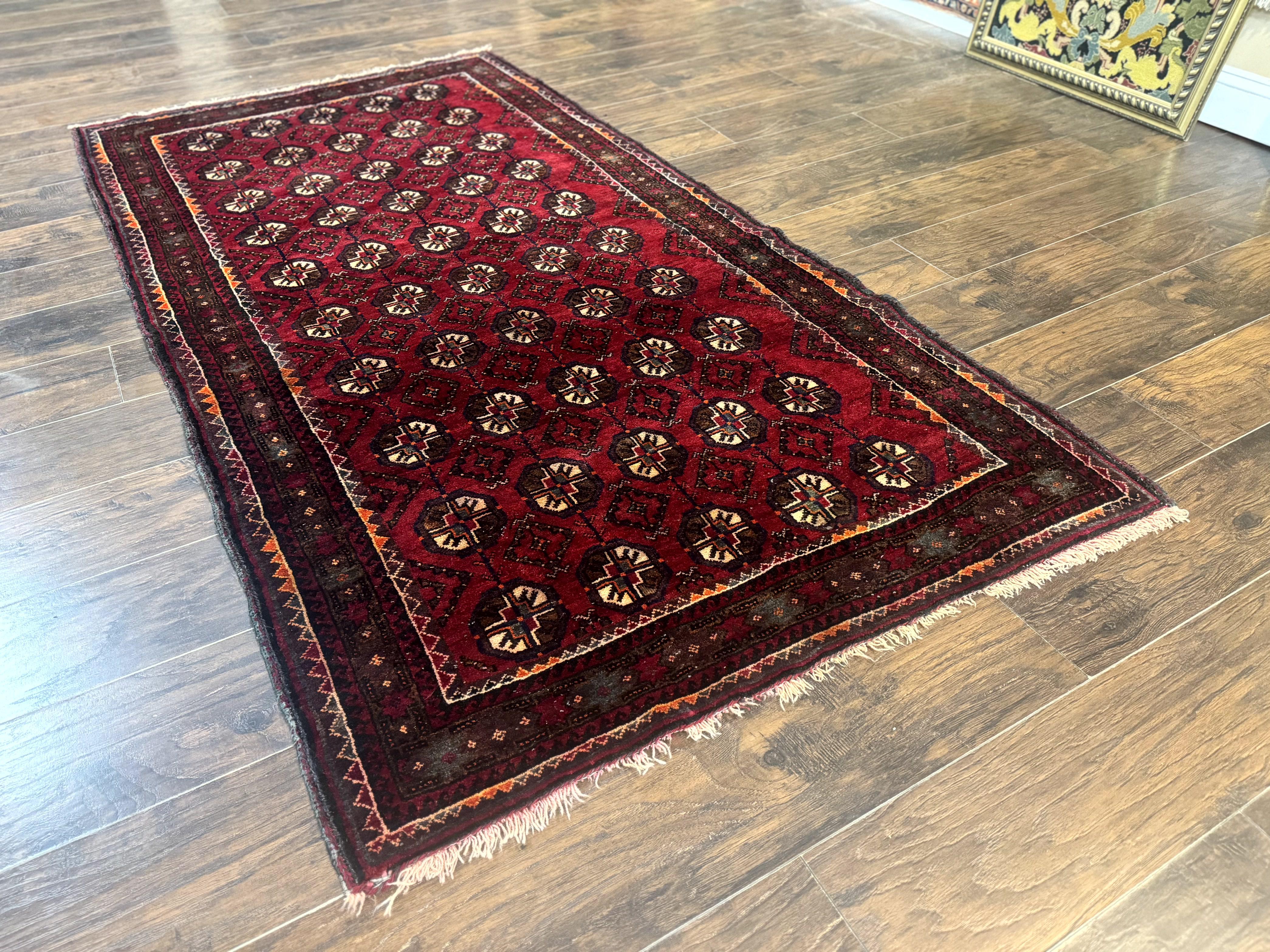 Persian Turkoman Tribal Rug 4x8, Handmade Vintage Wool Carpet, Red, Bohemian Rug - Jewel Rugs