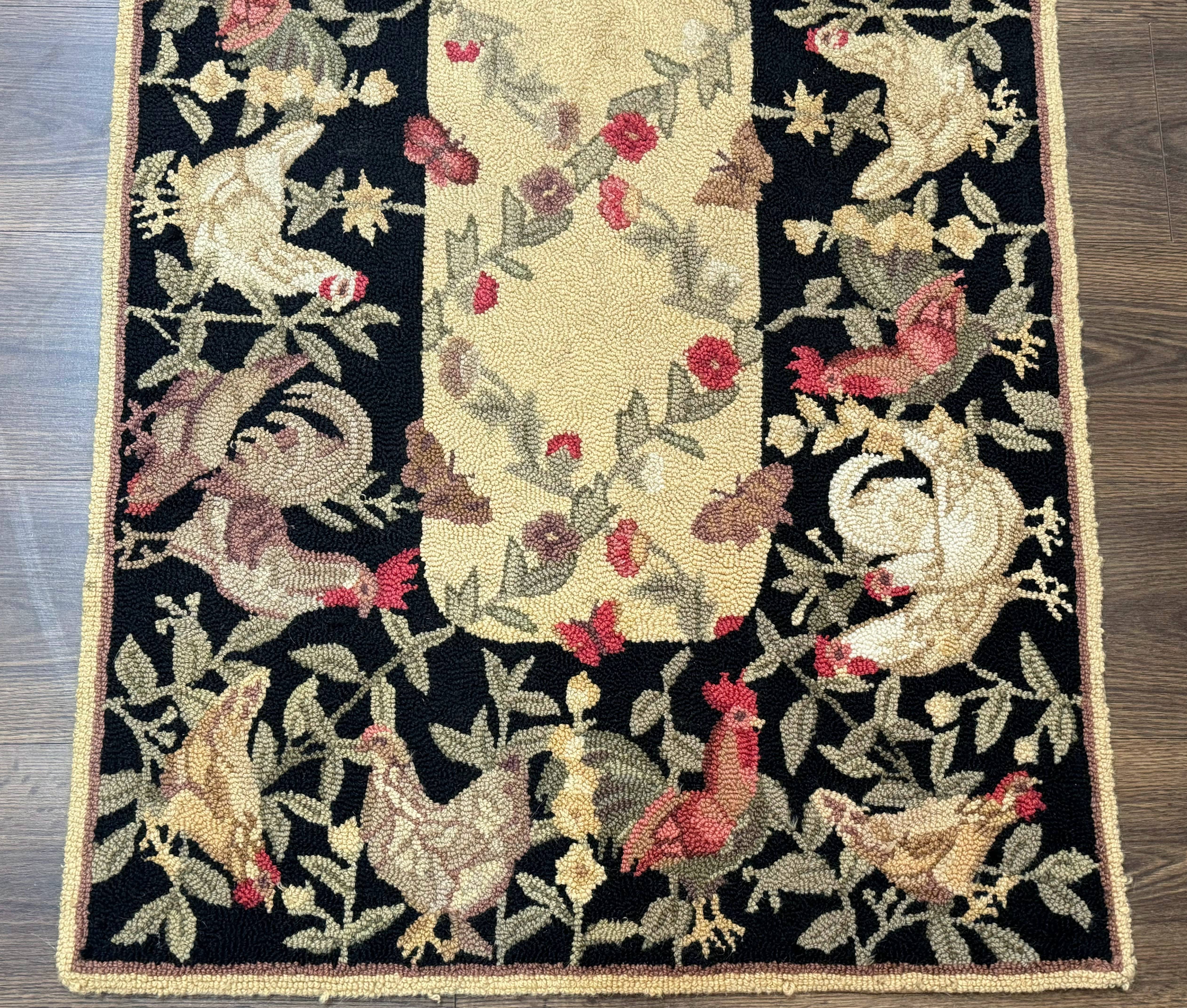 Small Vintage Hooked Rug, Roosters, Handmade, Wool - Jewel Rugs