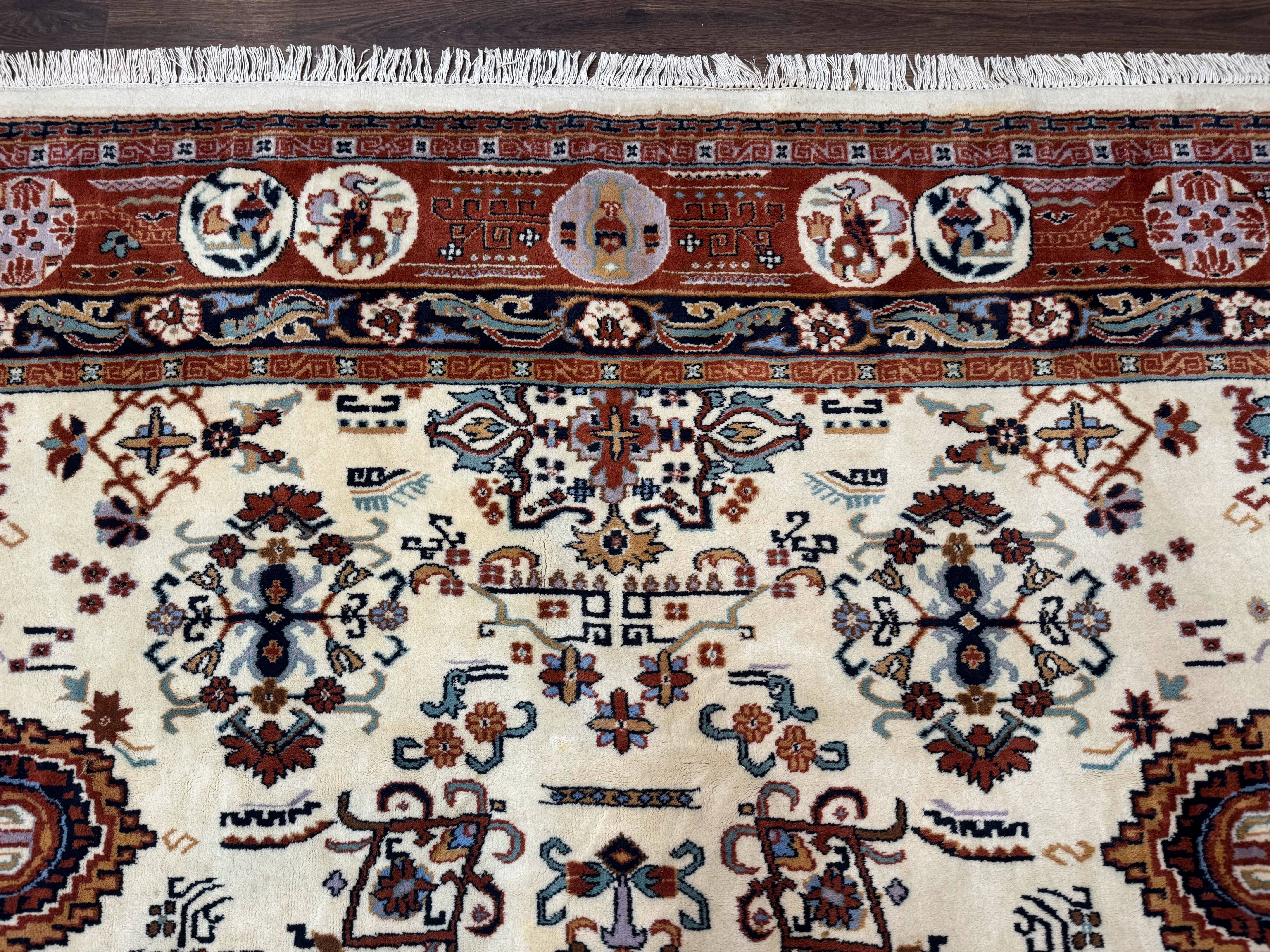 Indo Chinese Wool Rug 9x12, Ivory and Rust Red, Dragon Motifs - Jewel Rugs