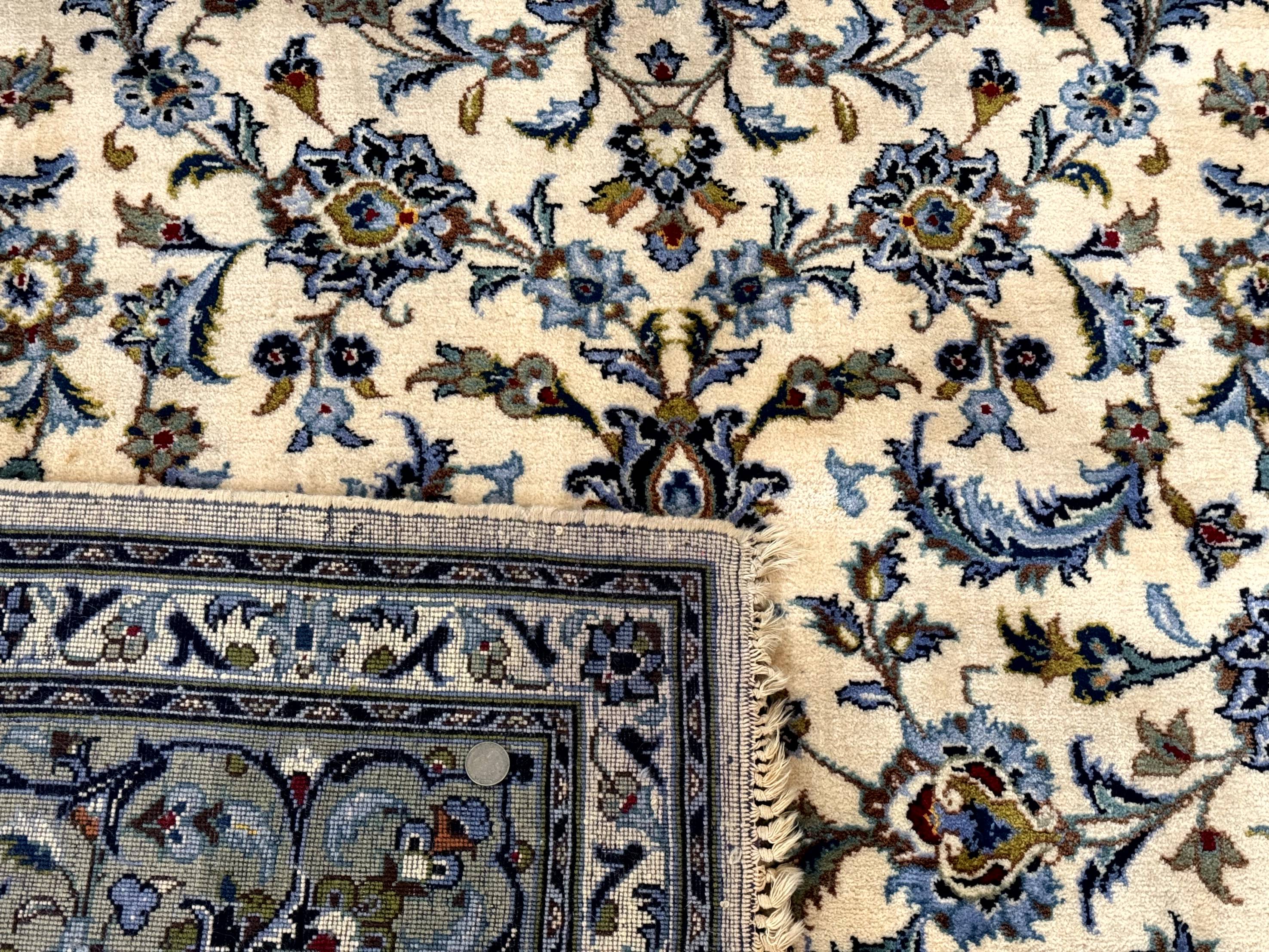 Persian Kashan Rug 8x11, Ivory Blue Green, Floral Allover, Signed By Masterweaver - Jewel Rugs
