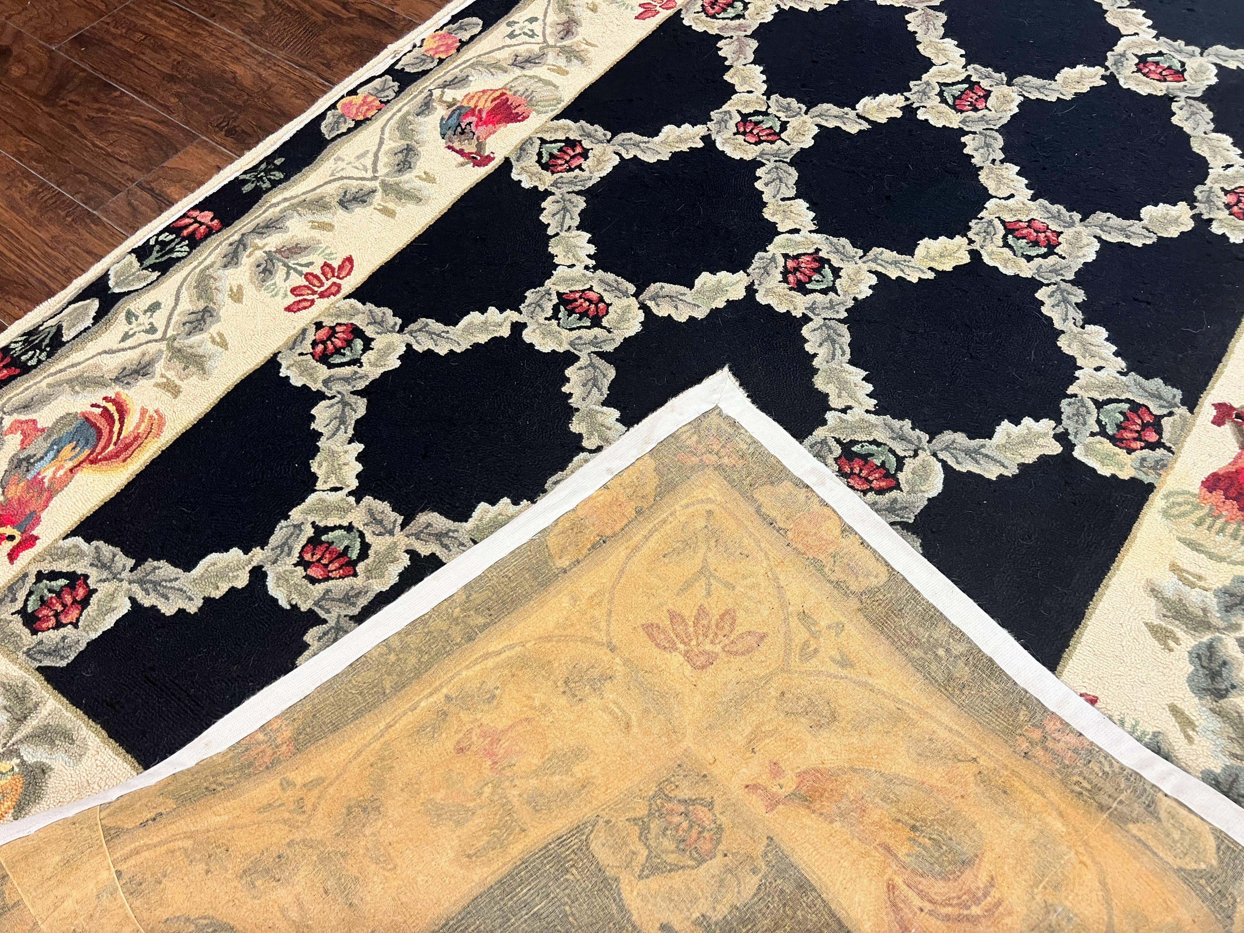 Hooked Rug 5x8, European Aubusson Pattern, Black and Ivory, Roses & Roosters, Vintage Wool Rug - Jewel Rugs