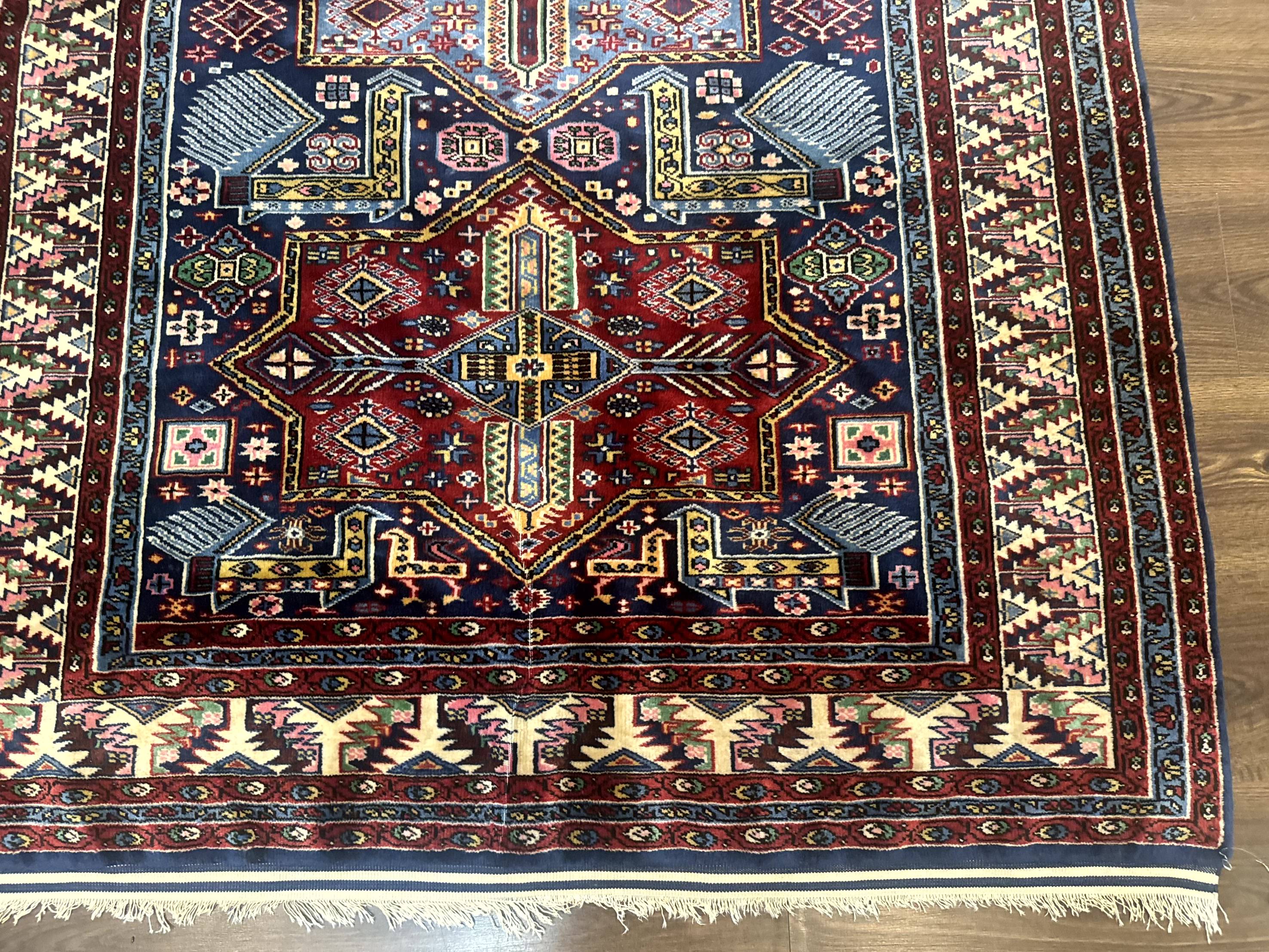 Indian Rug with Caucasian Design, 4x6 Geometric Carpet, Navy Blue and Cream - Jewel Rugs